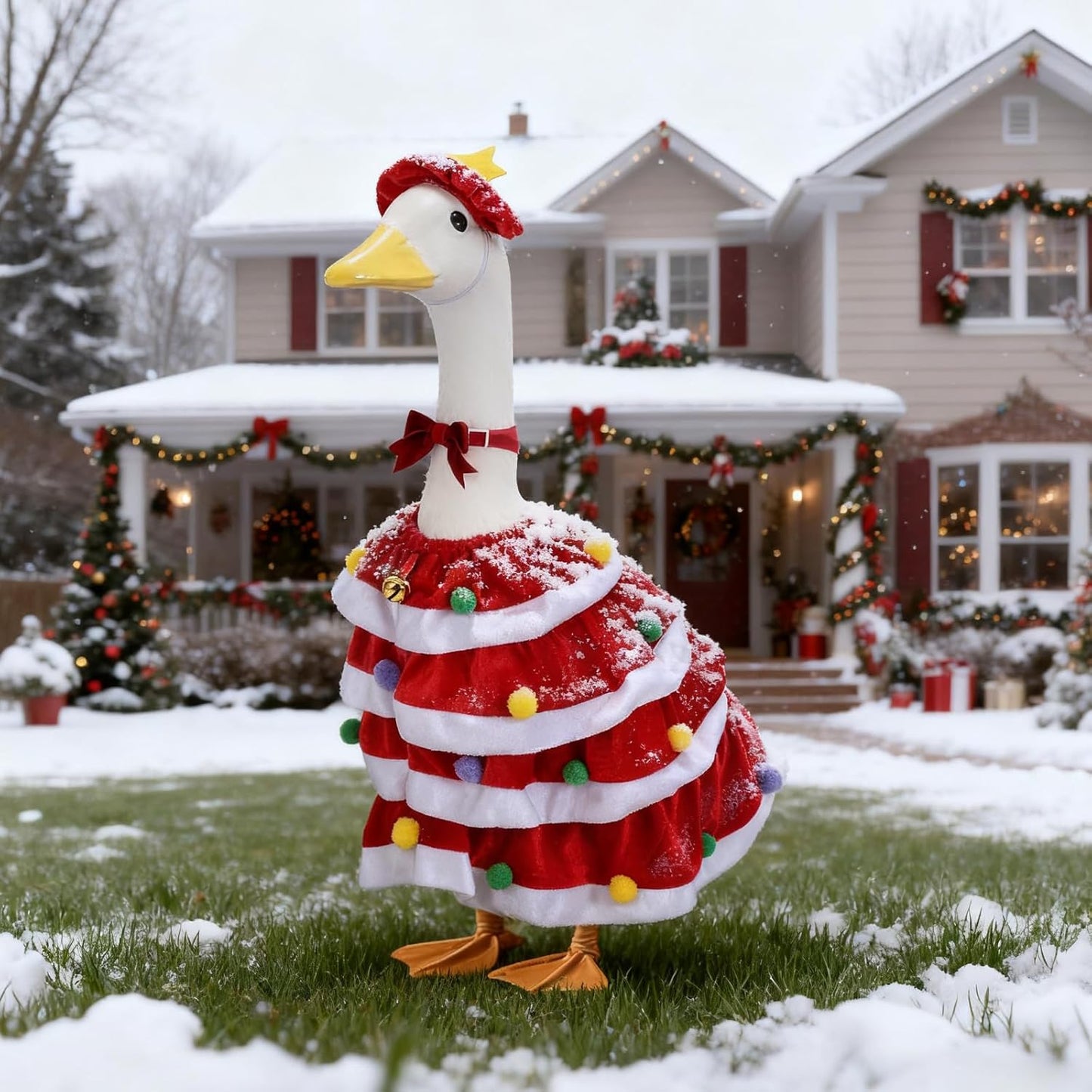 Christmas Porch Goose Outfits for 23 Inch Lawn Statue, 3 Pcs/Set Lawn Cement Goose Clothes with Bells, Bow, 4 layers' Coat for Mrs. Goose Statue Garden Yard Patio Party Decoration (RED)