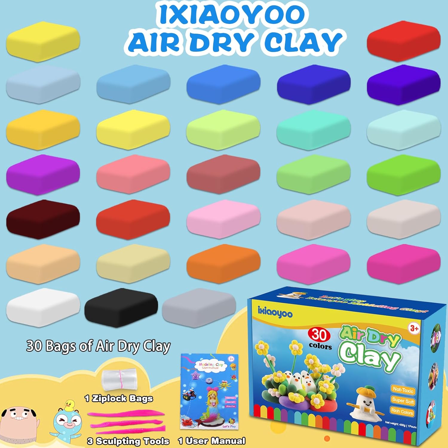 Air Dry Clay, 30 Colors Modeling Clay for Kids, DIY Model Toys with Sc