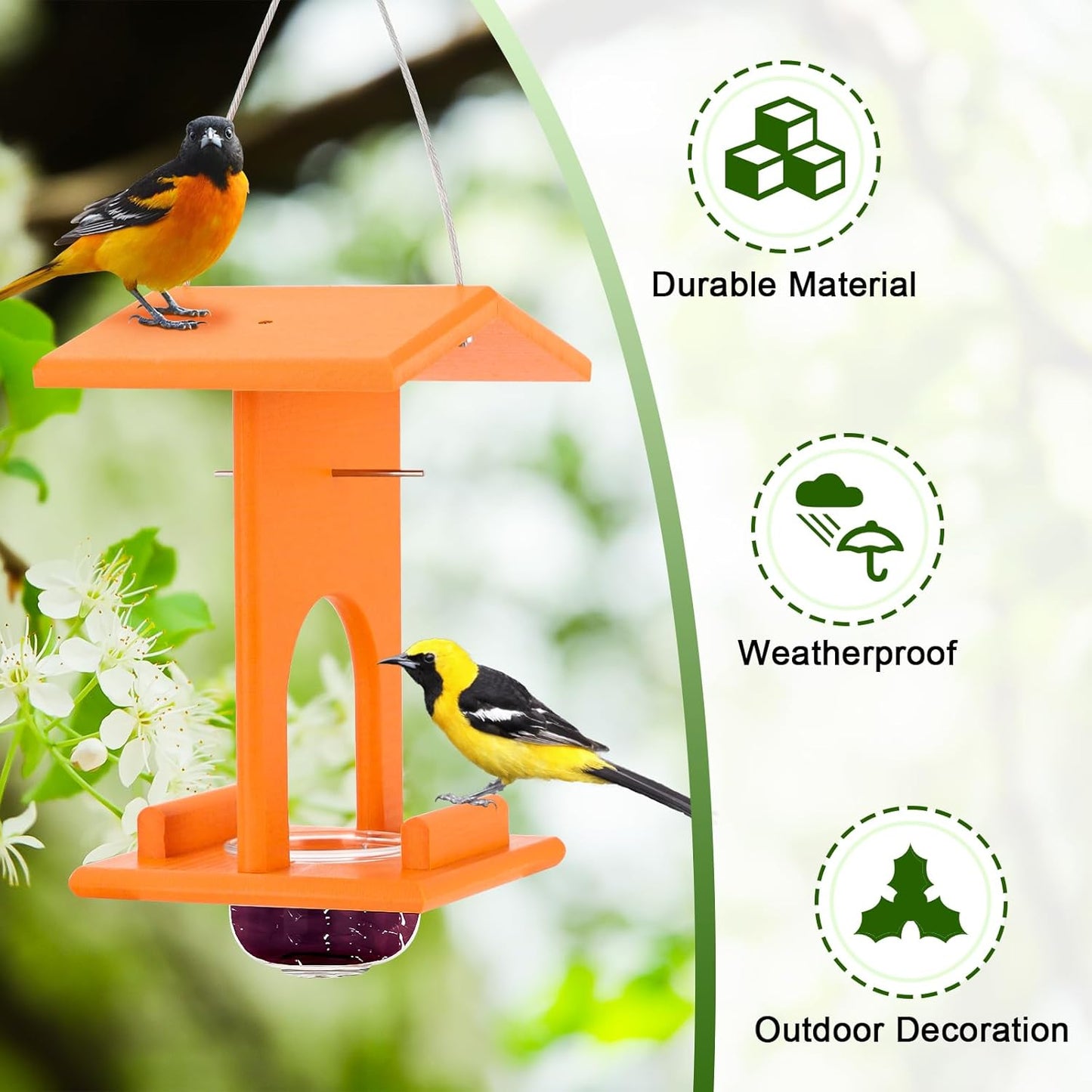 Oriole Feeders for Outdoors Hanging,All-in-One Recycled Plastic Oriole Feeder with A Removable Glass Cup Jelly or Jam, Fruit, Nectar or Seed for Orioles,Orange,1 Pack