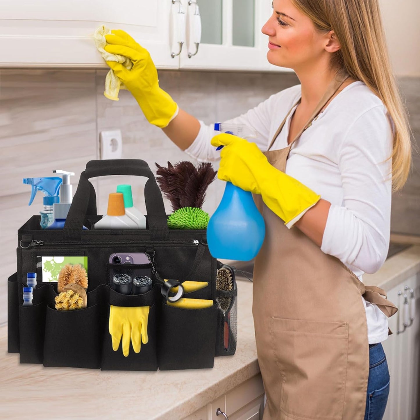Large Cleaning Caddy Bag with Removable Apron, Wearable Cleaning Bags for Housekeepers, Utility Tool Tote for Kitchen, Garden & Car Detailing, Cleaning Supplies Organizer(Black)