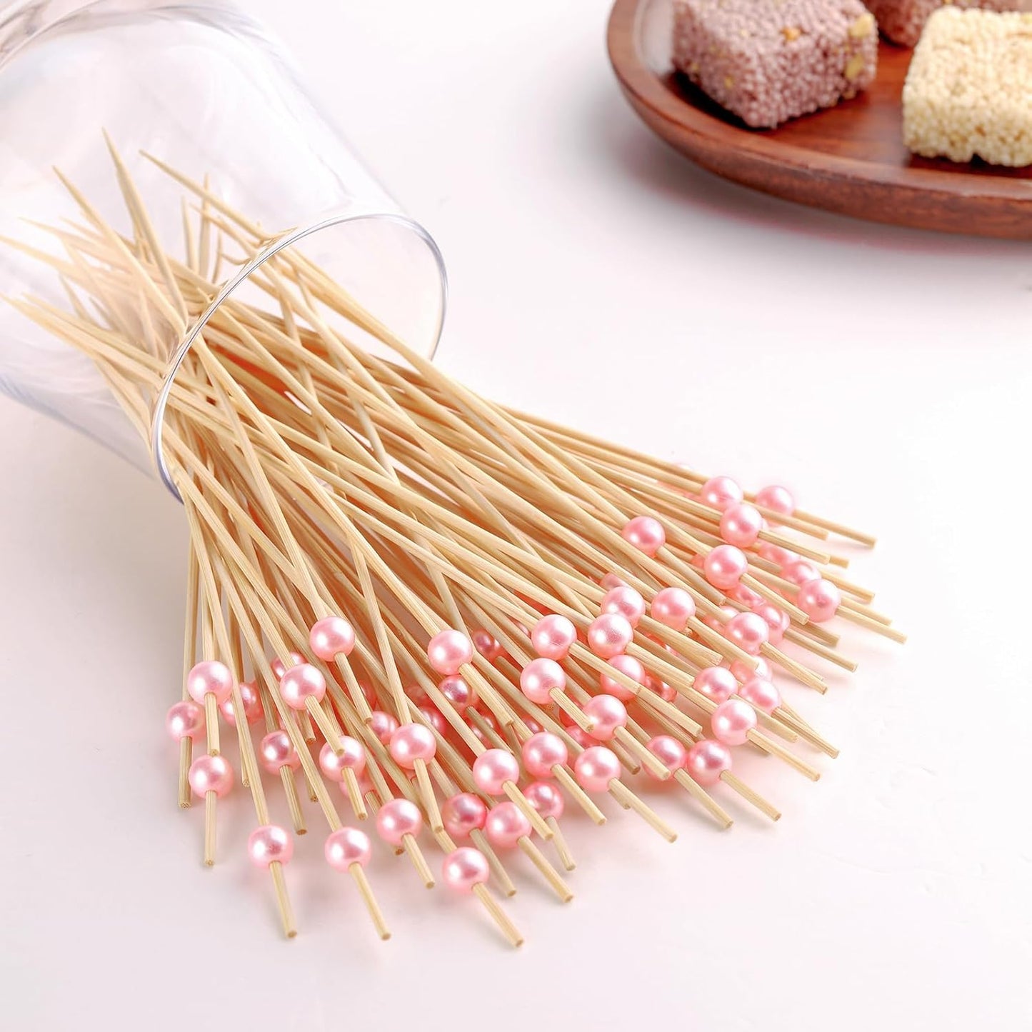 200 PCS Pink Cocktail Toothpicks for Appetizers, Natural Bamboo Coctail Skewers Sticks, Pearl Decorative Cocktail Tooth Picks for Drinks, Fruit, Charcuterie, Wedding Food Party Fancy 4.7 Inch Long