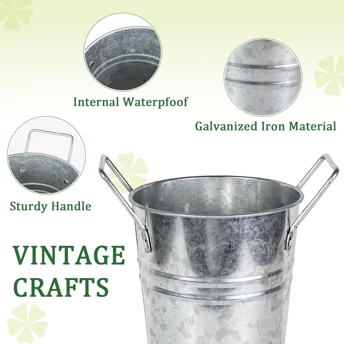 Galvanized Metal Bucket Vases Set of 8, 9 Inch Farmhouse French Flower Buckets Pots with Handles, Rustic Decorative Metal Holder Flower Vase for Home Wedding Table Centerpiece Decor (Silver)