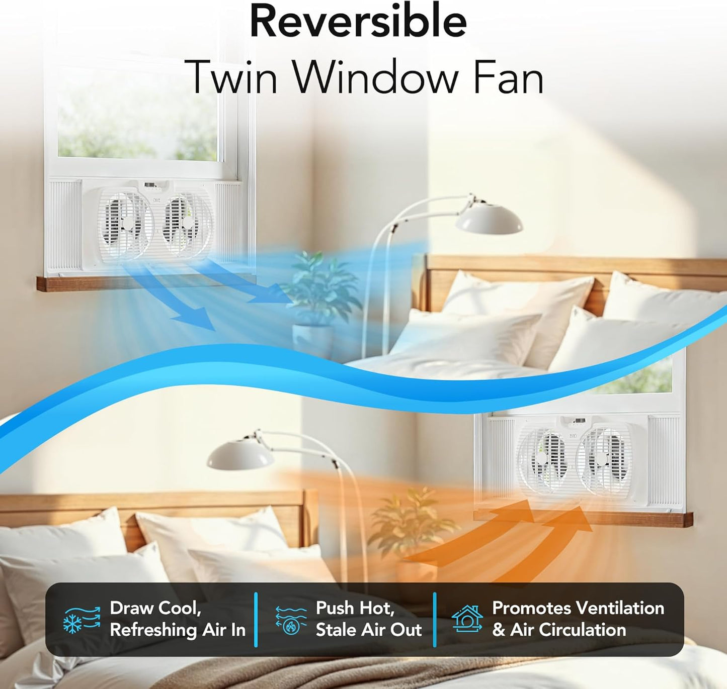 Comfort Zone 9-Inch 3-Speed Reversible Twin Window Fan – Dual Blade Window Exhaust Fan with Auto-Locking Expanders, 22.25" to 33" Wide – Tabletop Feet & Removable Bug Screen included