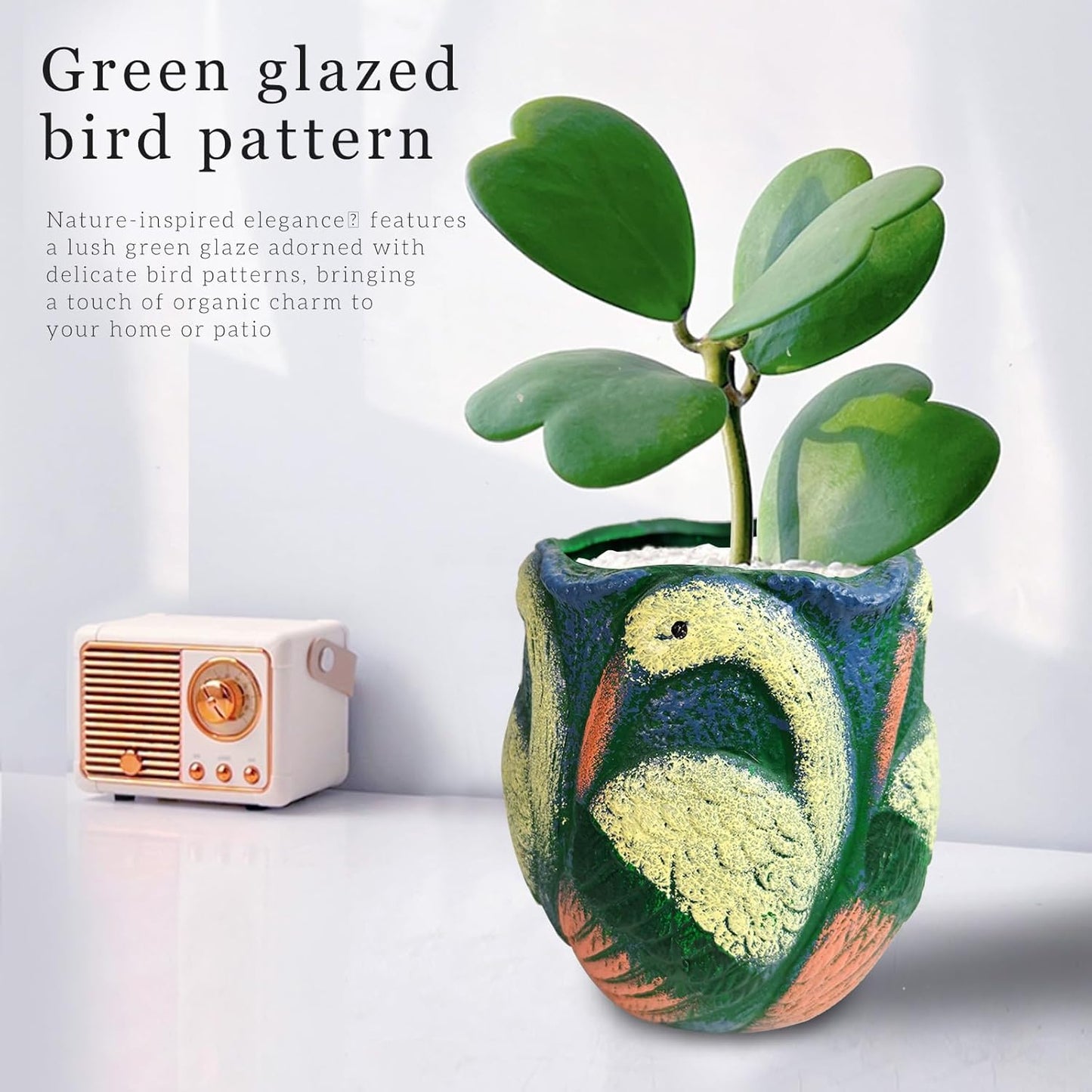 Ceramic Flowerpot with Bird Glaze Patterns,Vintage-Inspired Oval Thick Green Glaze Cylindrical Planter for Succulents Indoor Outdoor Decor