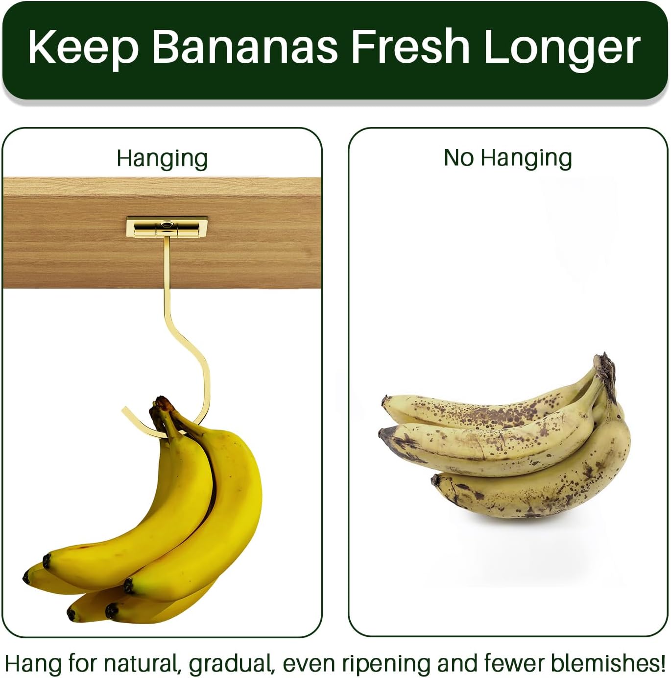 Under Cabinet Banana Hook Adhesive: Foldable Banana Hanger, Gold Metal Banana Holder for Kitchen & RV, Space-Saving Design, Folding with Magnets When Not in Use, Keep Bananas Fresh