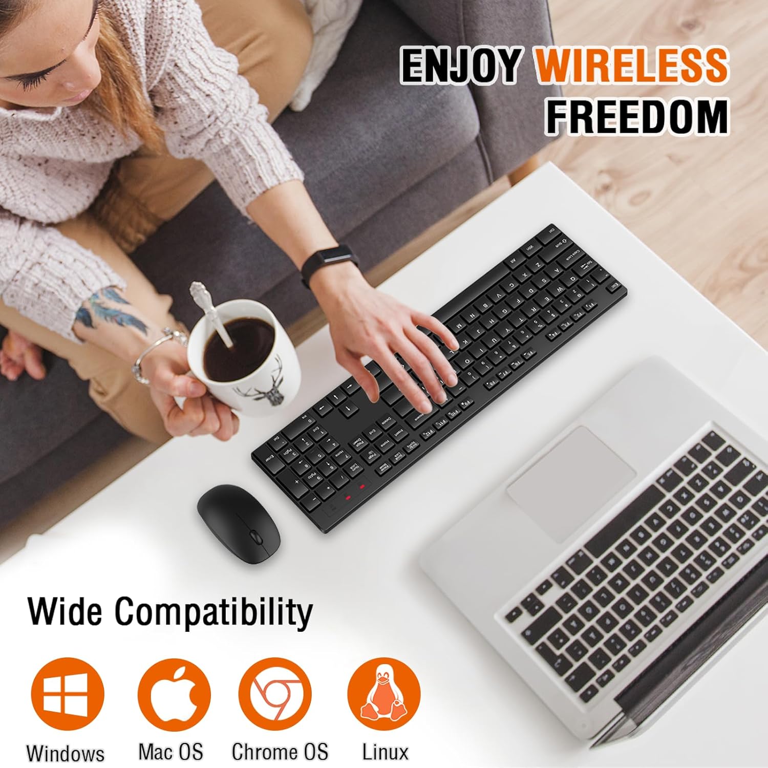 Wireless Keyboard and Mouse Combo, EDJO Silent Full Size Cordless USB 