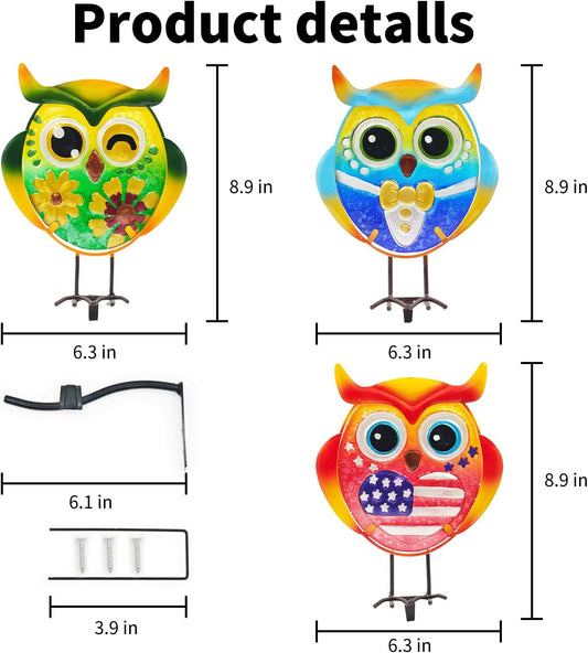Owl Garden Decor for Outside, 3 Pack Metal & Glass Owl Yard Art, Lawn 