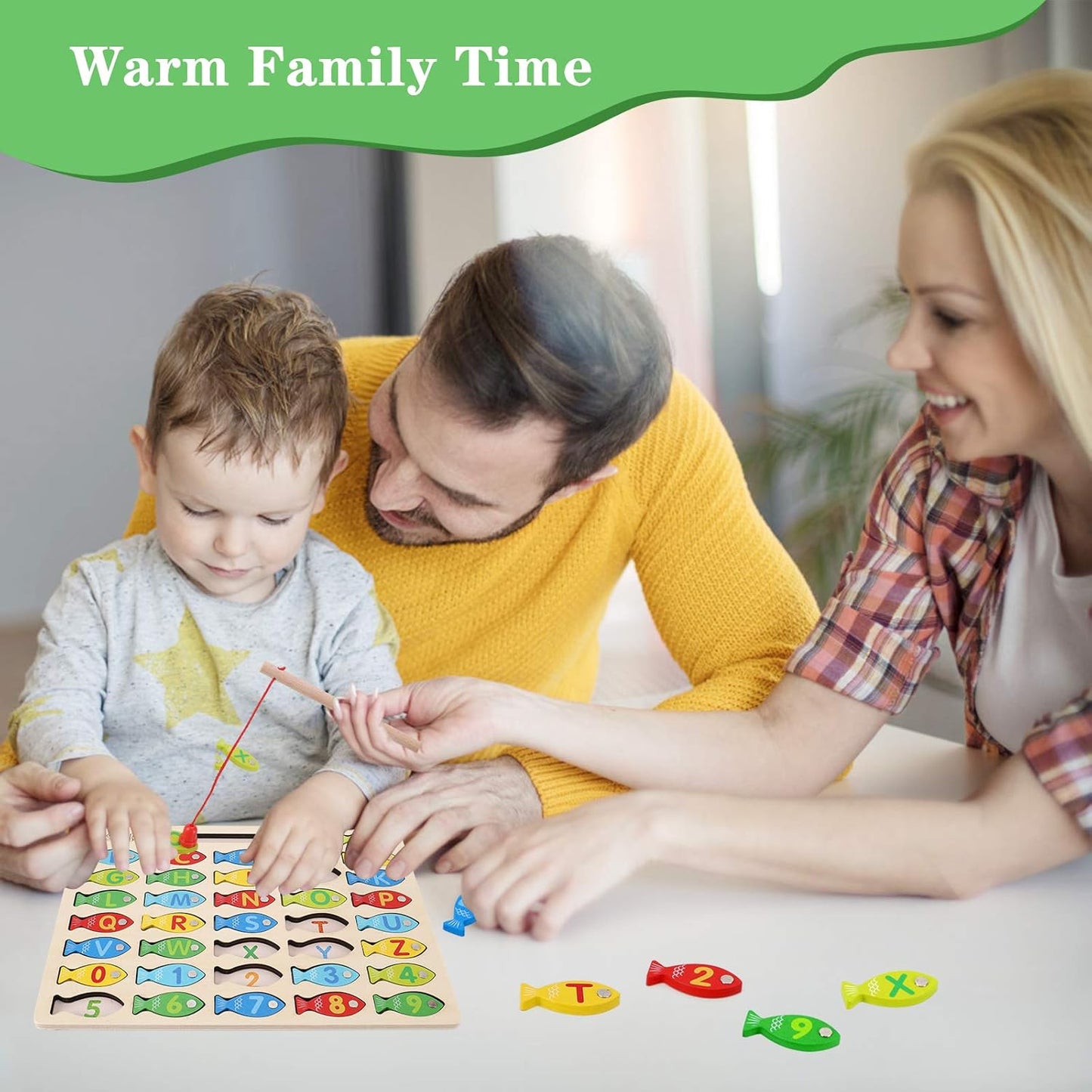 Magnetic Wooden Fishing Game Toy for Toddlers, Alphabet Fish Catching 