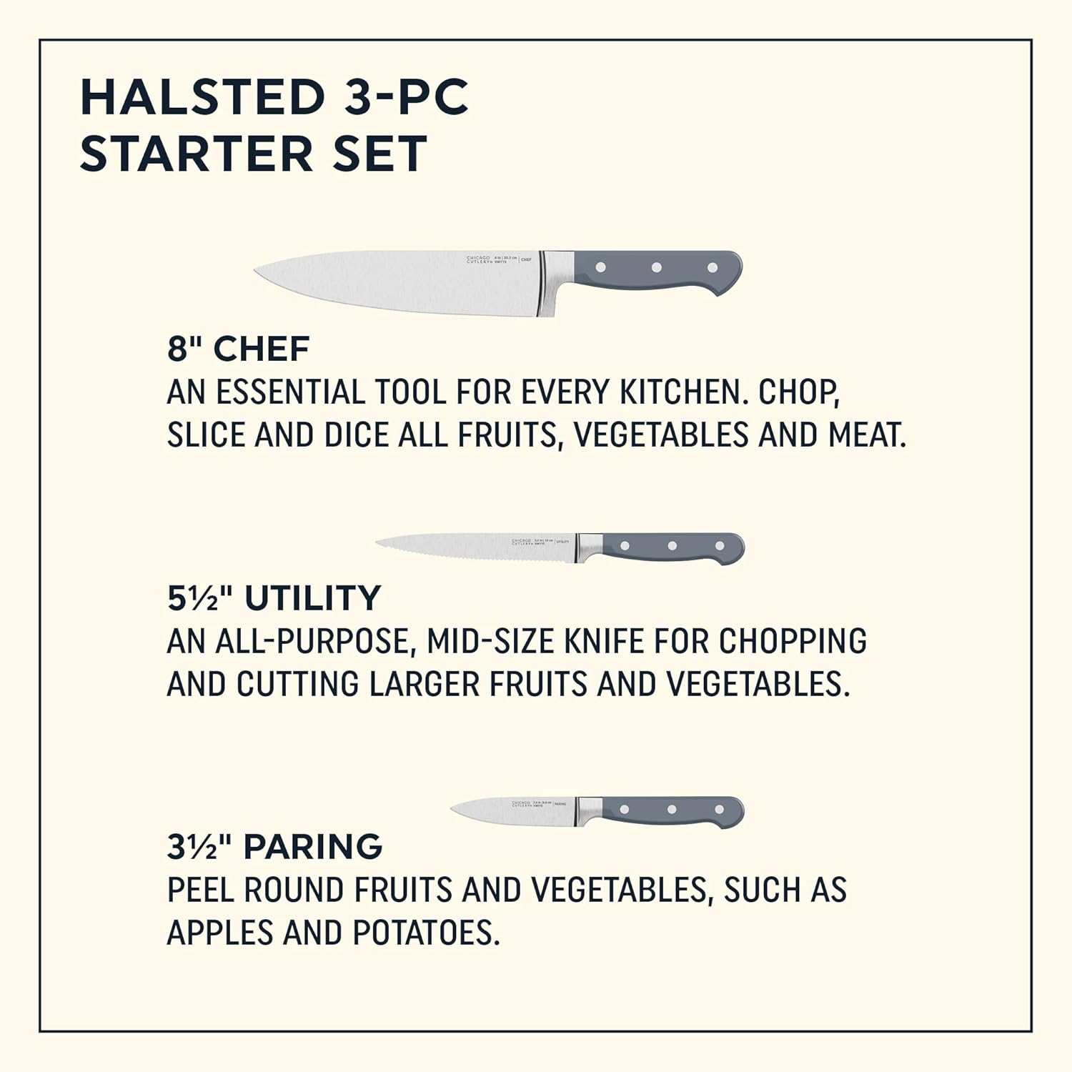 Chicago Cutlery Halsted (3-PC) Cutlery & Wooden Block Set, Ergonomic H