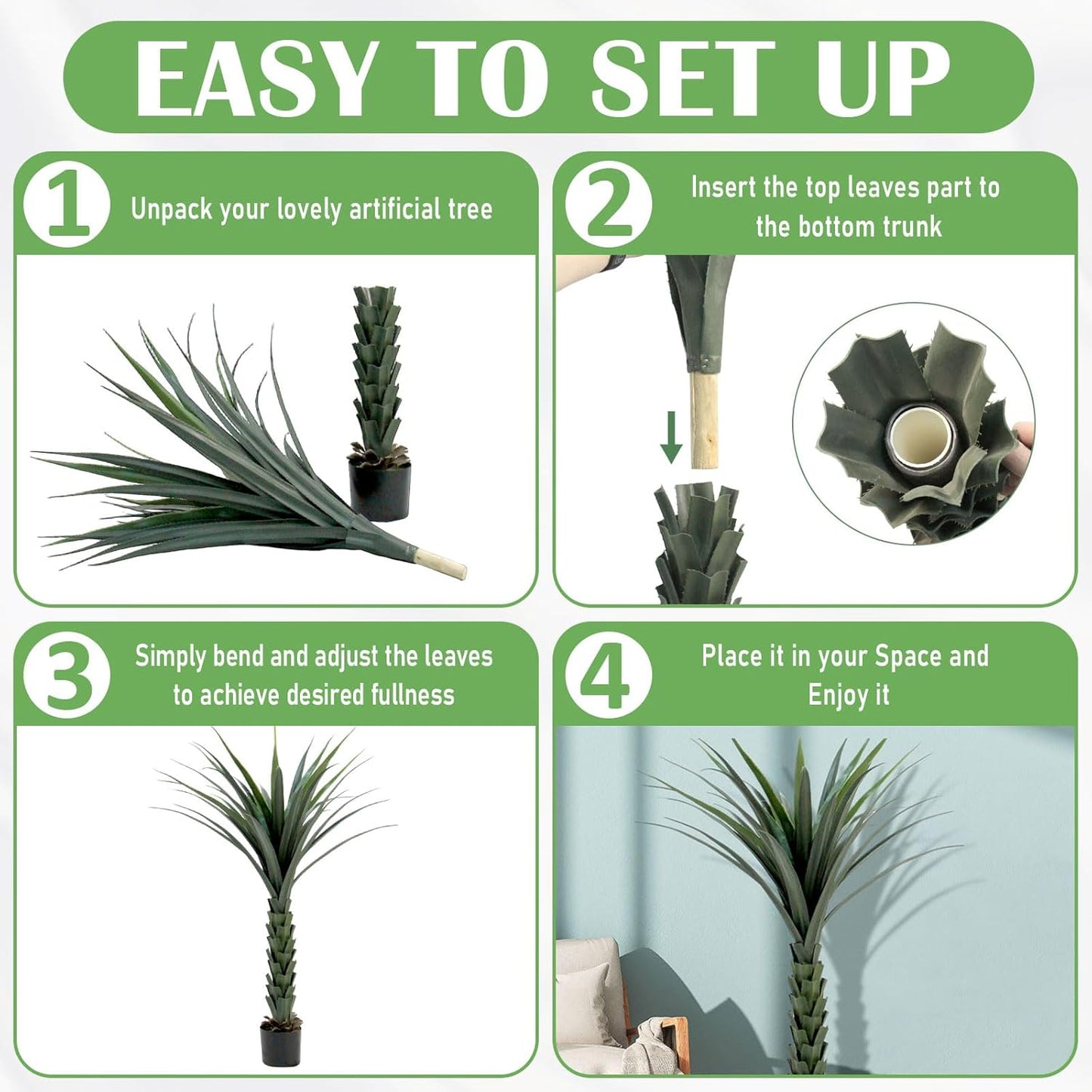 Tropical Plant Artificial - 4ft Fake Agave Plant for Indoor, Faux Spiked Agave Tree for Home, Office, Corner, Front Porch, Entryway, Patio, Pool, Outdoor Hotel Decor Greenery Tree Housewarming Gift