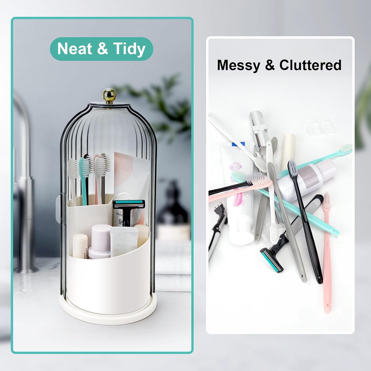 Toothbrush Holders with Sliding Lid, Rotating 3 Slots Bathroom Organiz