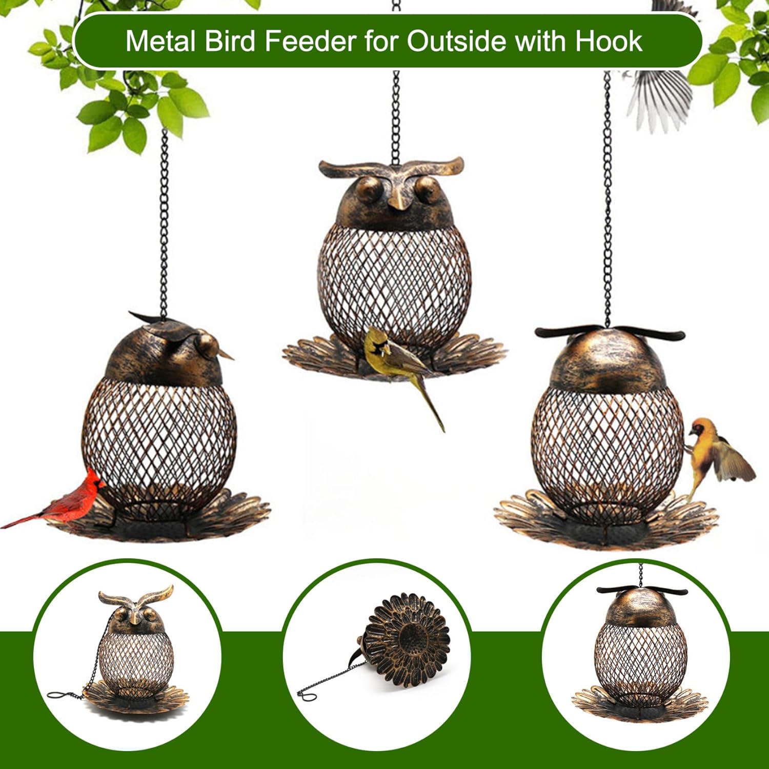 Metal Bird Feeder 6 Inch Owl-Shaped Hanging Bird Feeder with Hollow Ou