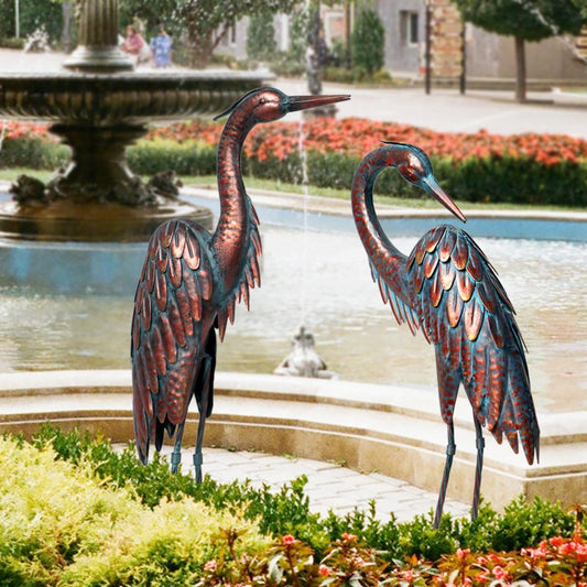 Kircust Metal Crane Statues - Set of 2 Bronze Heron Sculptures for Gar