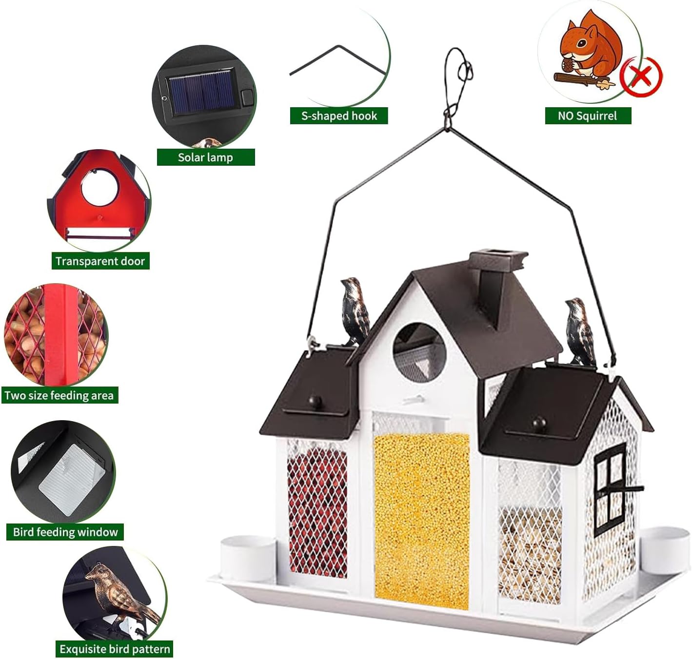 Solar Bird Feeders for Outdoors,Bird House Feeder,Hanging Metal Mesh Wild Window Large Finch Cardinal Nest Houses Garden Decoration Squirrel Proof (White)