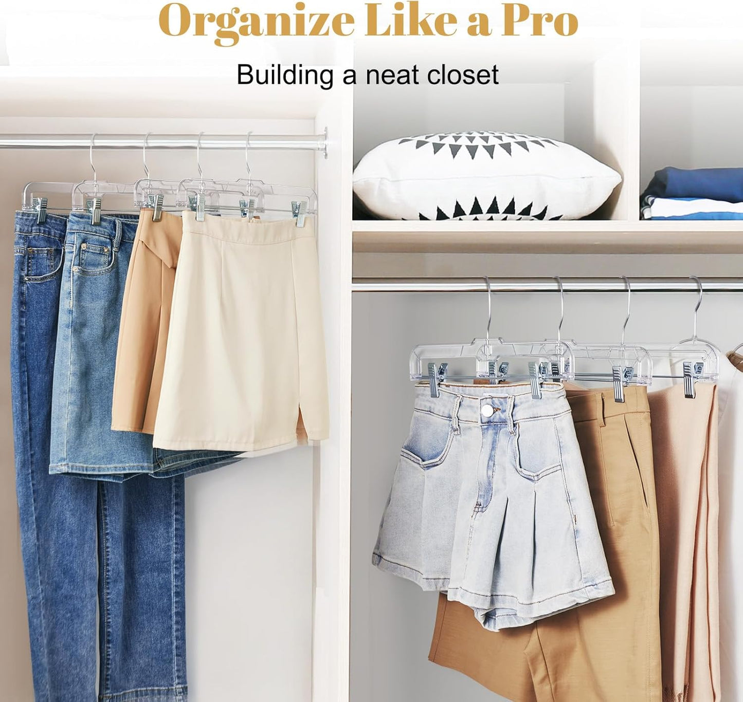 HOUSE DAY 12 Pack 14 inch Clear Plastic Skirt Hangers with Adjustable Clips, Pants Hangers 360-Rotating Swivel Hook, Clip Hangers for Pants, Trousers, Skirts, Jeans, Bulk Plastic Hangers
