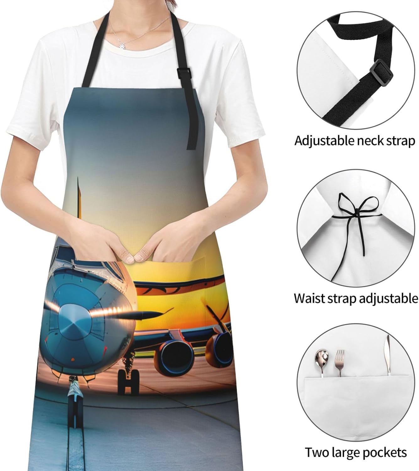 Aircraft Plane at Sunsets Print Laundry apron 28x33 In Waterproof Kitchen Apron with Pockets for Cooking Baking
