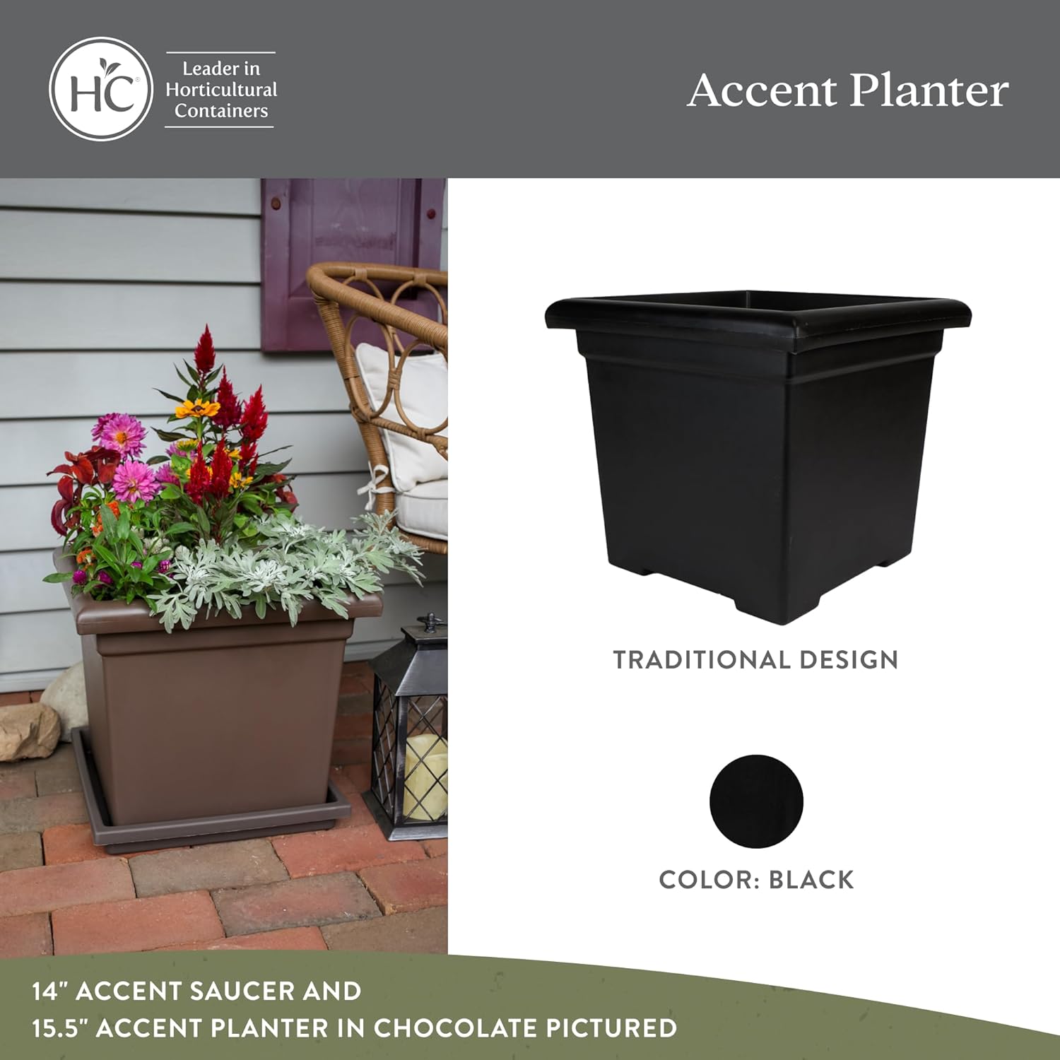 The HC Companies 12.5 Inch Accent Square Plant Pots with Drainage, Lig