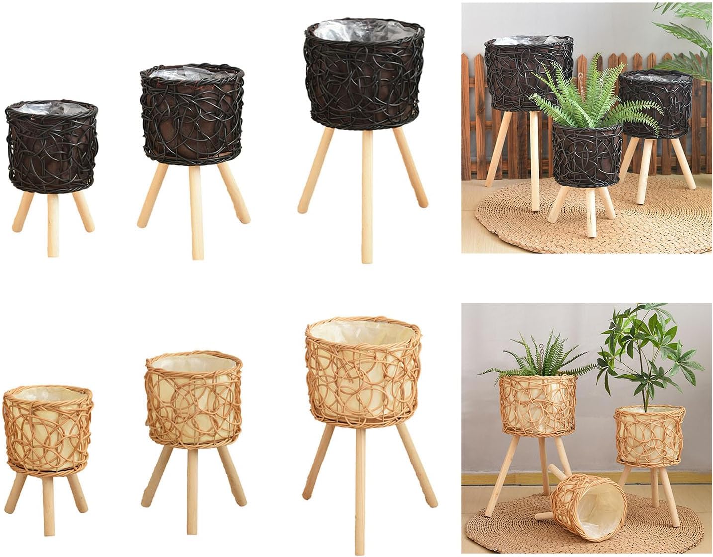 Rattan Plant Stand Stool with 3 Wood Legs Balcony Flower Pots Display Rack Planter Basket for Indoor and Outdoor Use(Original color mediu)
