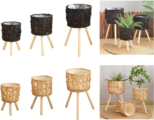 Rattan Plant Stand Stool with 3 Wood Legs Balcony Flower Pots Display 