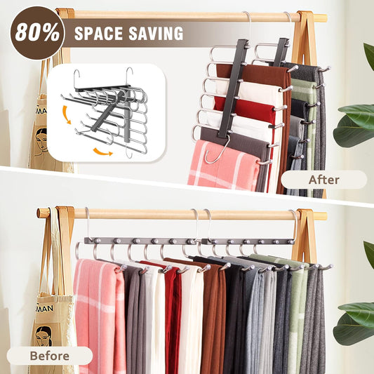 Space Saving 6 Tier Pant Hangers, Anti-Slip, Stainless Steel, 2 Pack, 