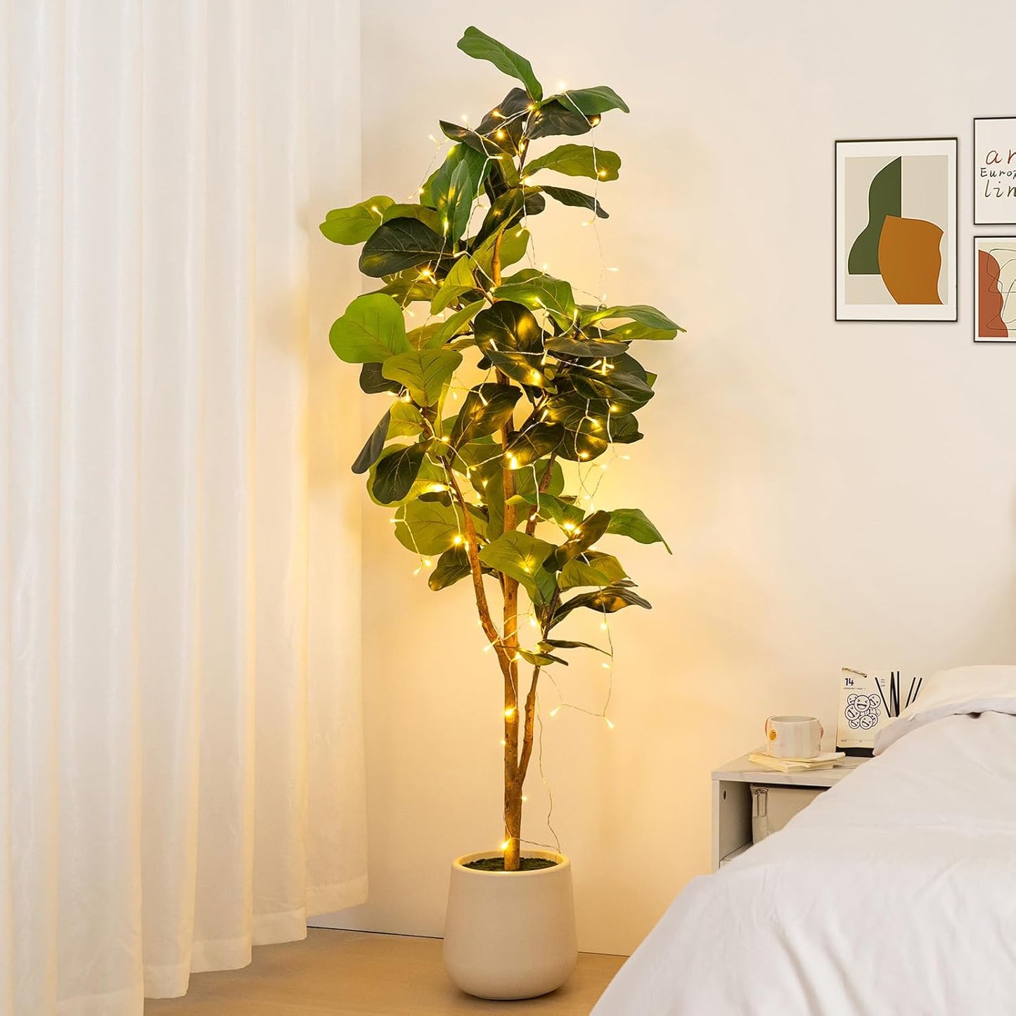6ft Artificial Fiddle Leaf Fig Tree with LED Fairy Lights & White Planter - Lifelike Faux Ficus Lyrata Plant in Pot with Natural Trunk for Home Office Living Room Bathroom Corner Decor Indoor Outdoor