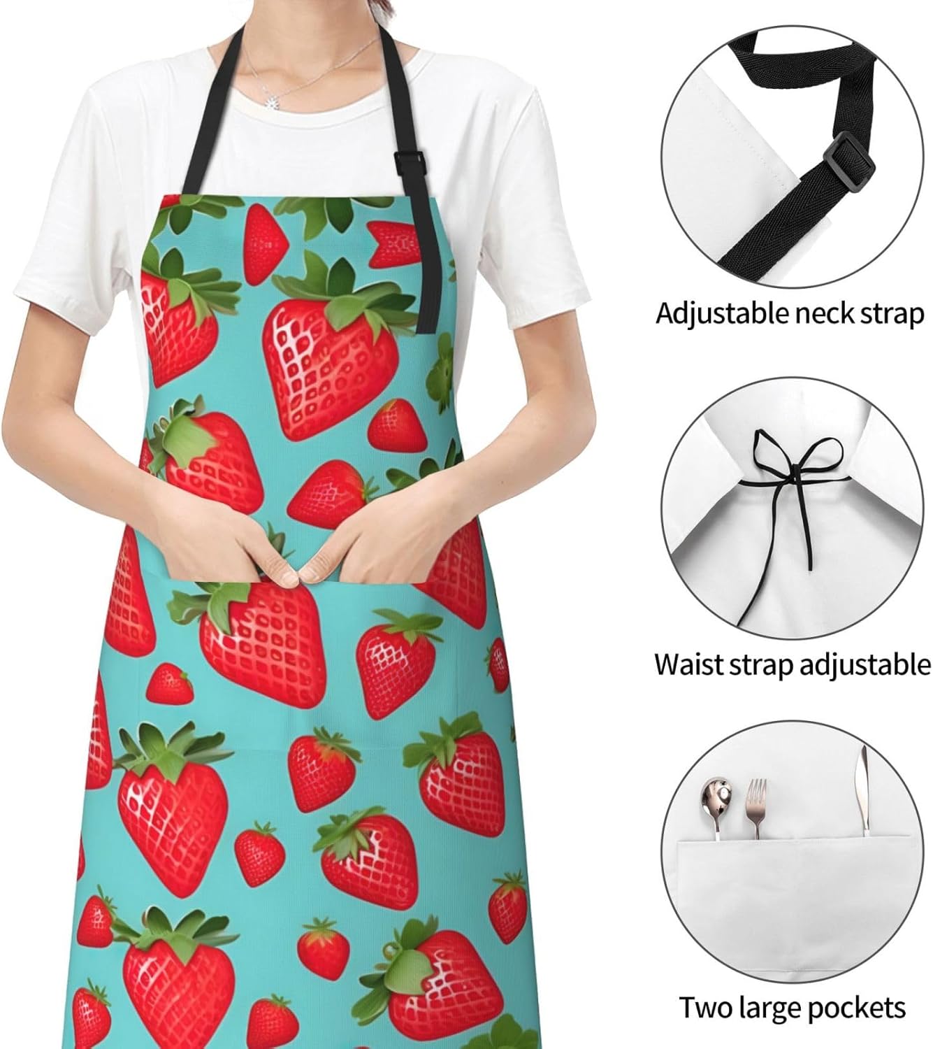 Cute strawberry print Waterproof chef's apron with pocket apron for kitchen cooking baking barbecue and gardening