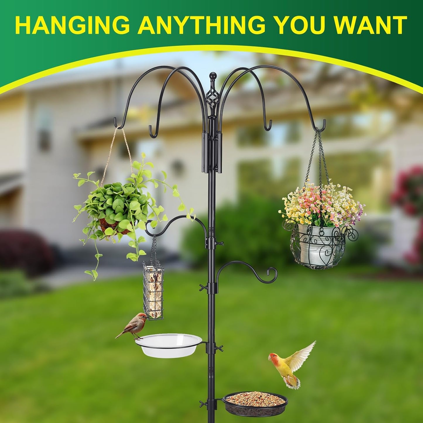 Adjustable Shepherd Hook Stand, 34"- 55" Black Iron Shepherd Hook with Base for Plant Hanging, Wind Chime & Bird Feeder - Outdoor Garden Porch Decoration(Elegant Style)