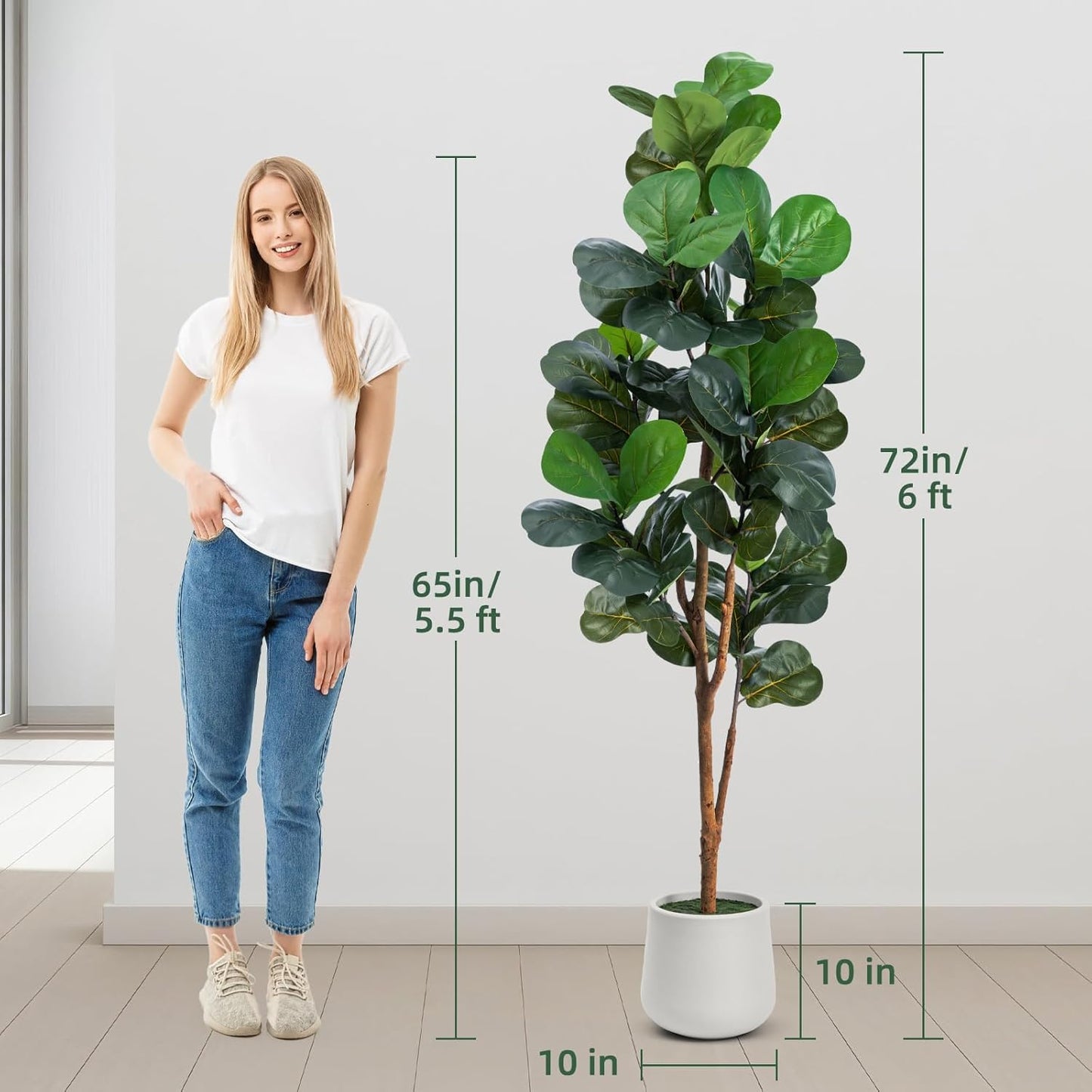 6ft Artificial Fiddle Leaf Fig Tree with LED Fairy Lights & White Planter - Lifelike Faux Ficus Lyrata Plant in Pot with Natural Trunk for Home Office Living Room Bathroom Corner Decor Indoor Outdoor