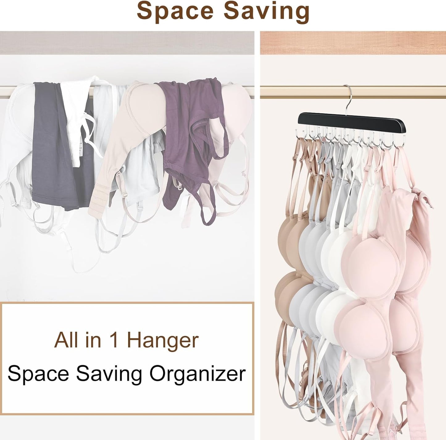 2 Pack Bra Hanger, Capacity Foldable Tank Top Hanger with 40 Hooks, Bra Hangers for Closet Organizer, Premium Wooden Space Saving Hangers Closet Organizers and Storage for Dorm & Apartment