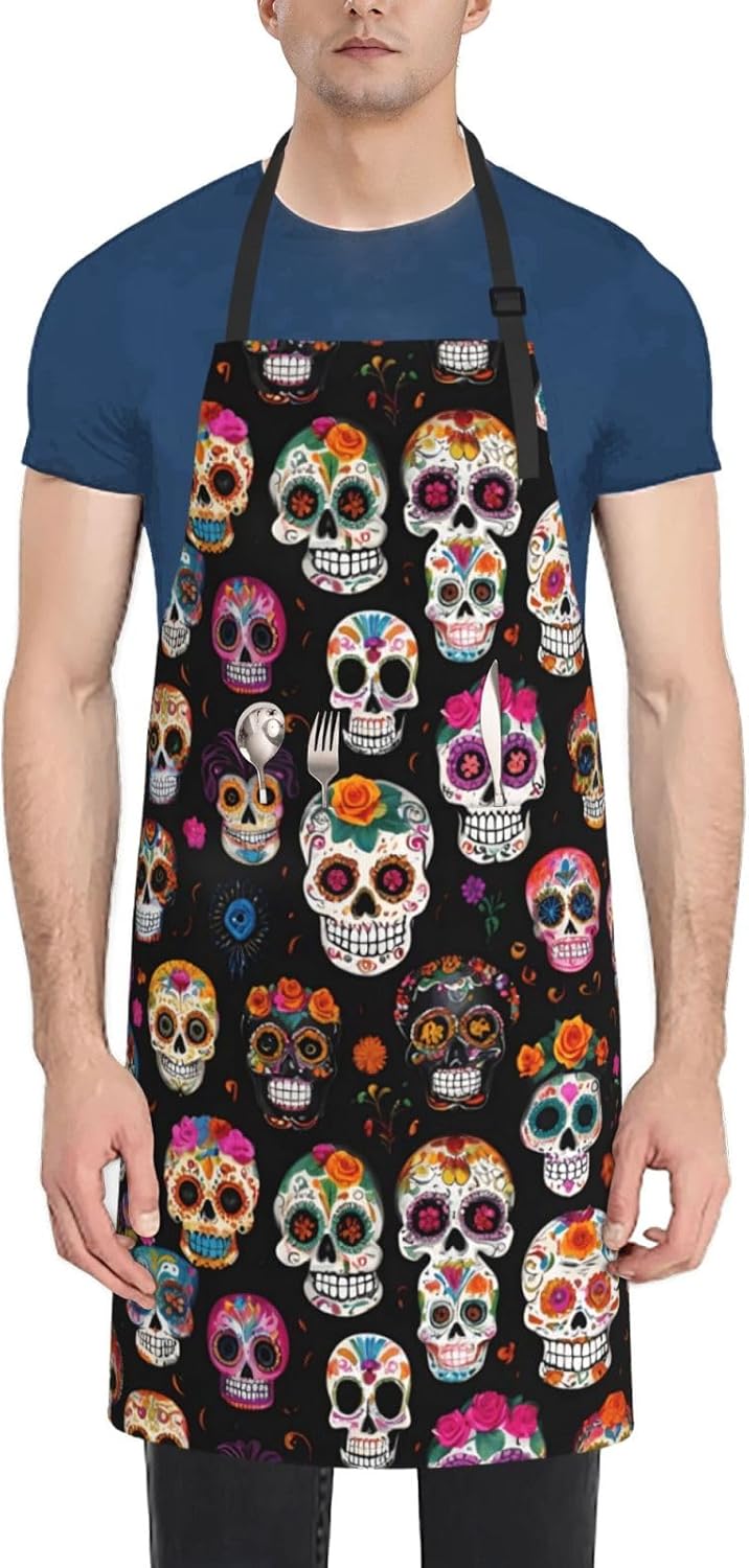 YANYU Skull Print 28x33 In Kitchen Apron Stylish Chef Apron with Pocke