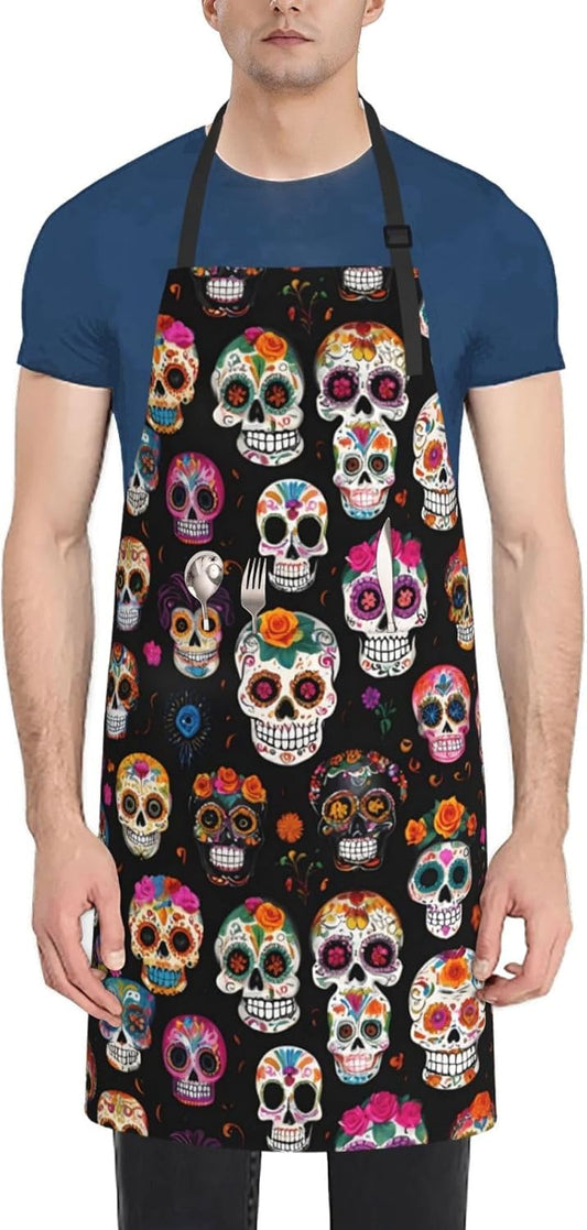 YANYU Skull Print 28x33 In Kitchen Apron Stylish Chef Apron with Pocke