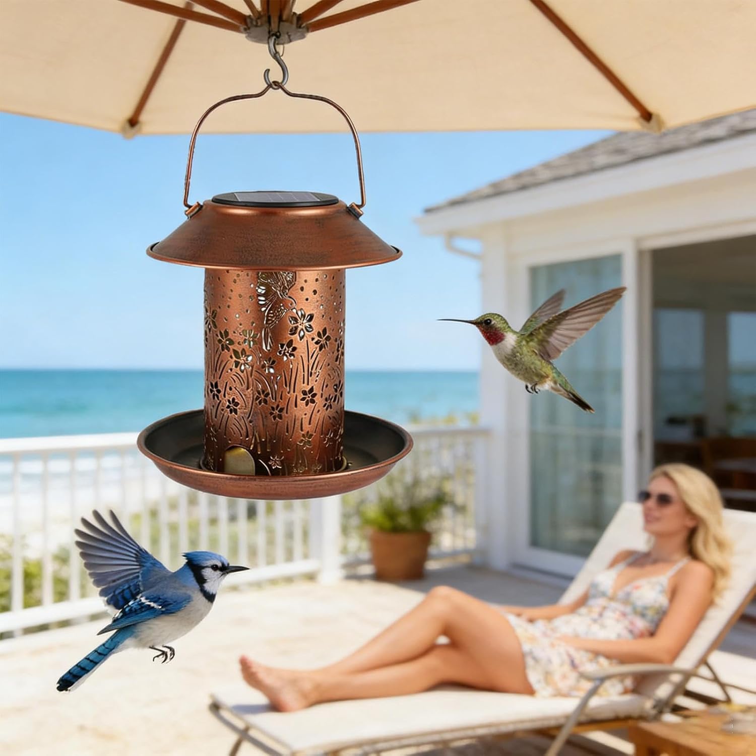 Solar Bird Feeder, Waterproof Metal Lantern Décor with Hollow Feeding 