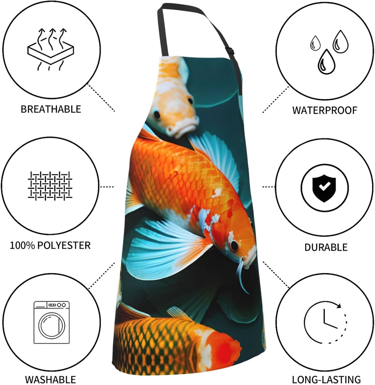 HD Japanese Koi Fish print Waterproof chef's apron with pocket apron for kitchen cooking baking barbecue and gardening