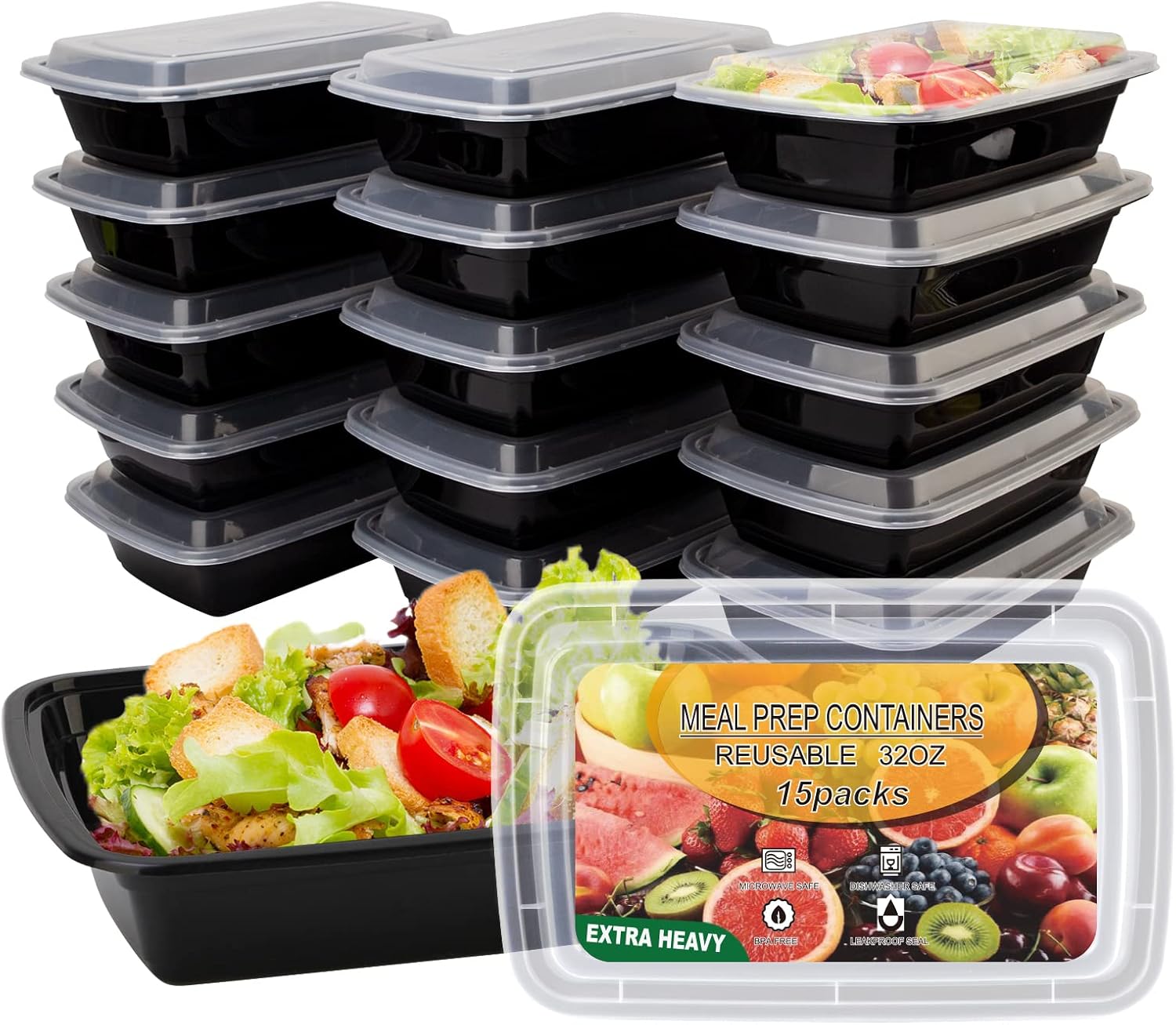 15 Pack- Meal Prep Containers 32oz, Plastic Food Prep Containers Reusa