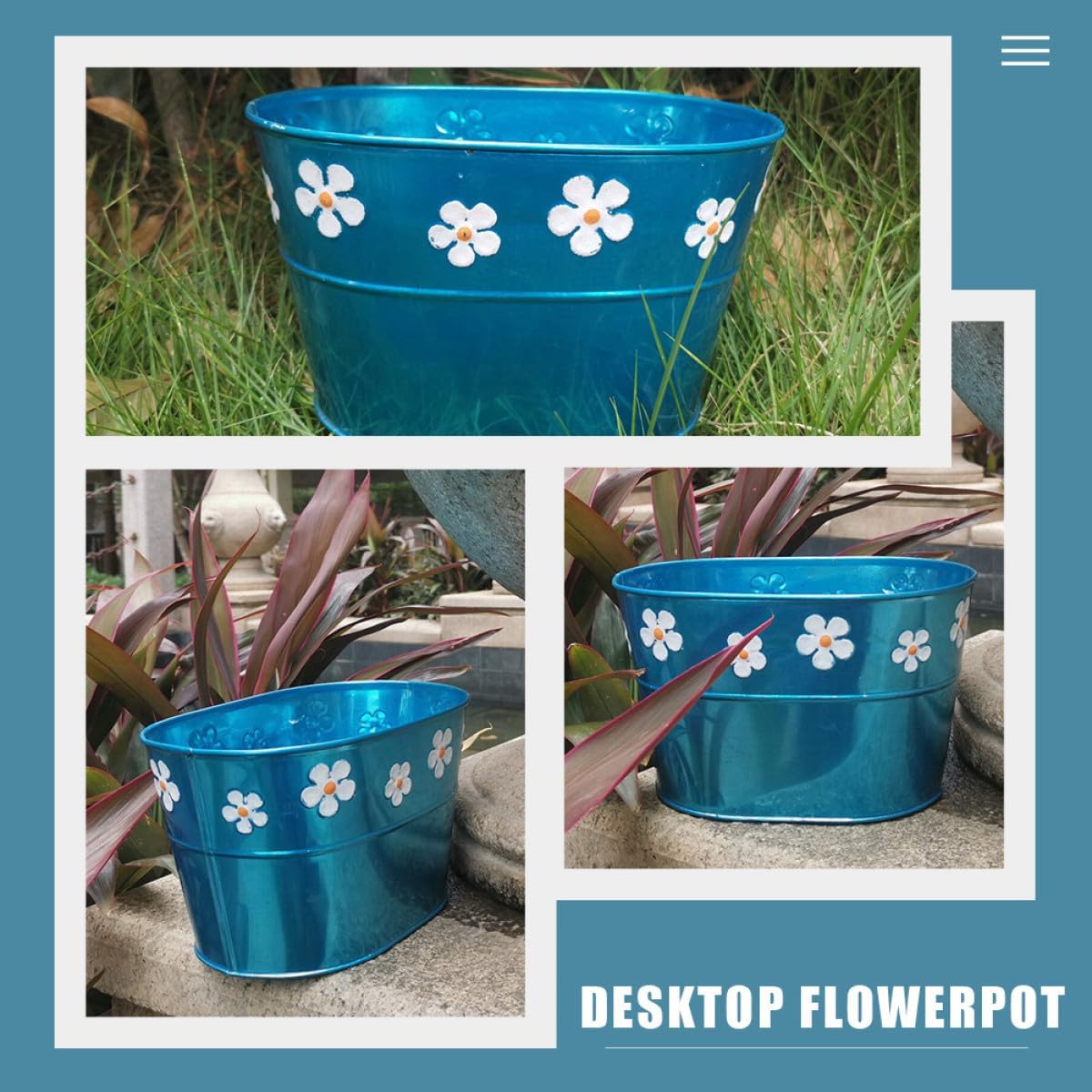 BESTOYARD Vintage Blue Floral Embossed Iron Flower Bucket with Handle 