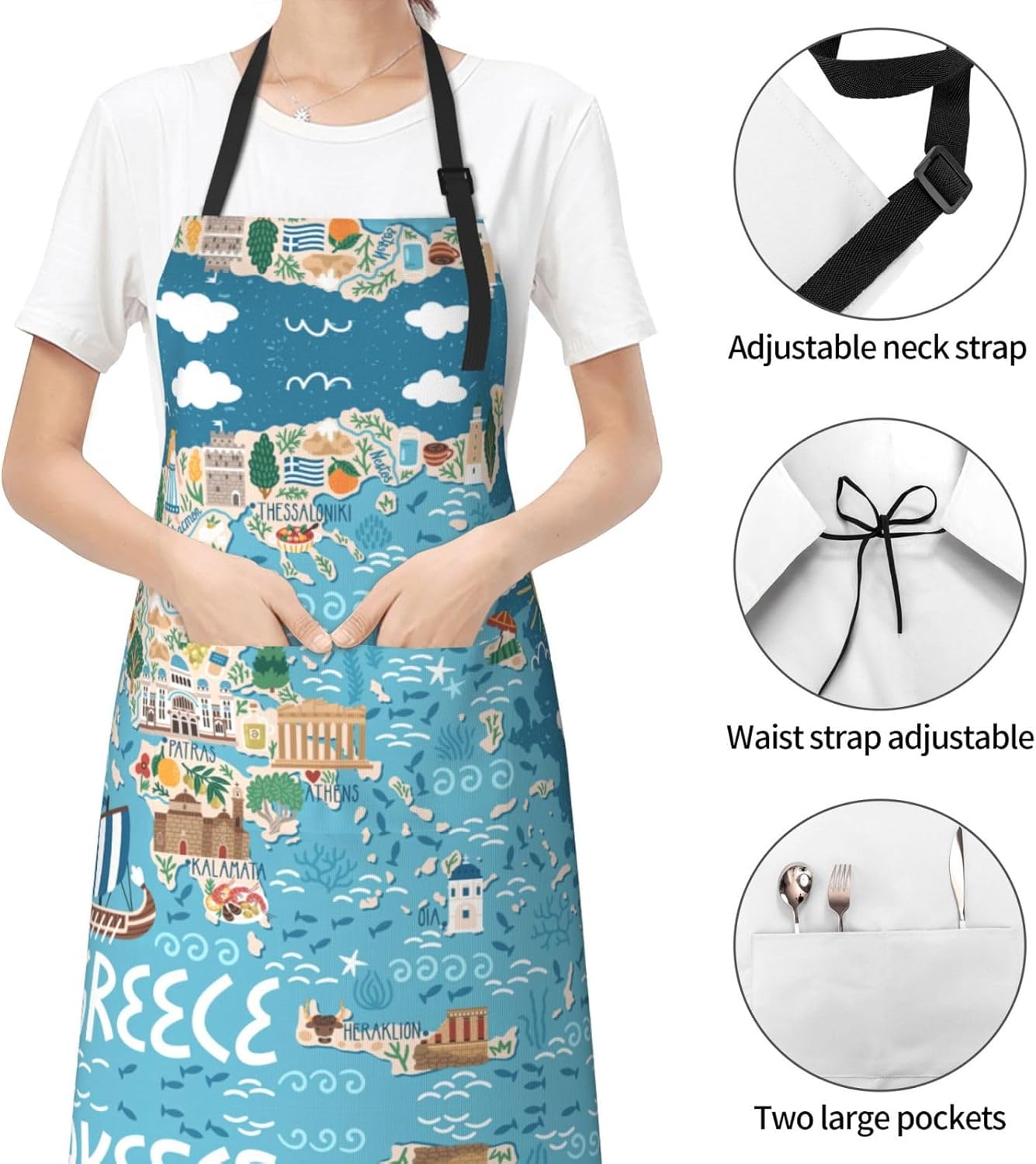 Greece Map print Waterproof apron with pocket adjustable cooking apron