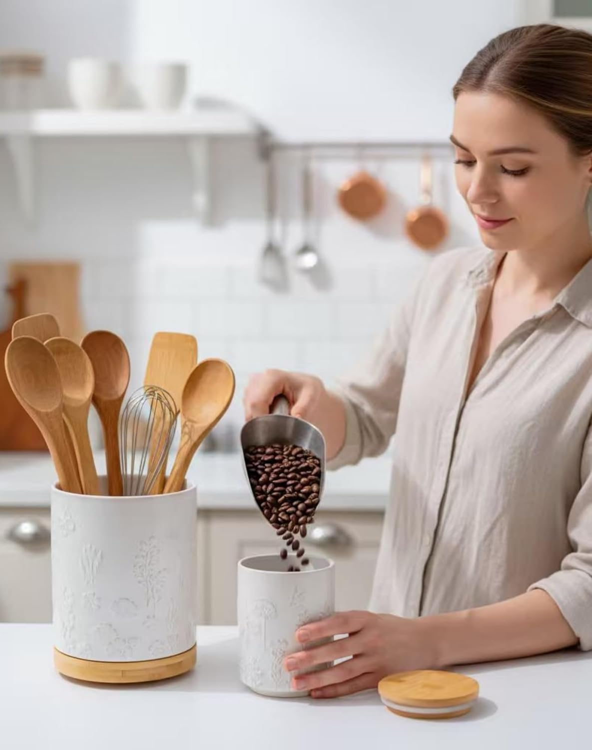 TEATALK Ceramic Utensil Holder Set, 360° Rotating Organizer for Counte