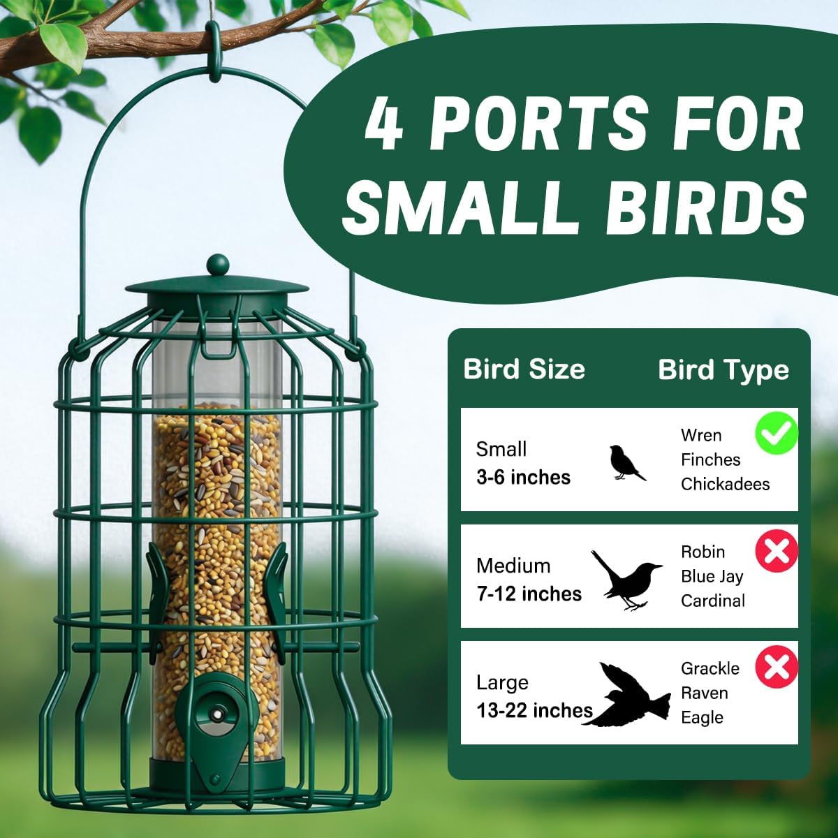 Squirrel Proof Bird Feeder Metal Caged Bird Feeder with Rain Proof Covered for Wildbirds Finches Bluebird, 4 Feeding Ports Wild Small Birds Rainproof Station for Garden Yard Seed Easy Clean