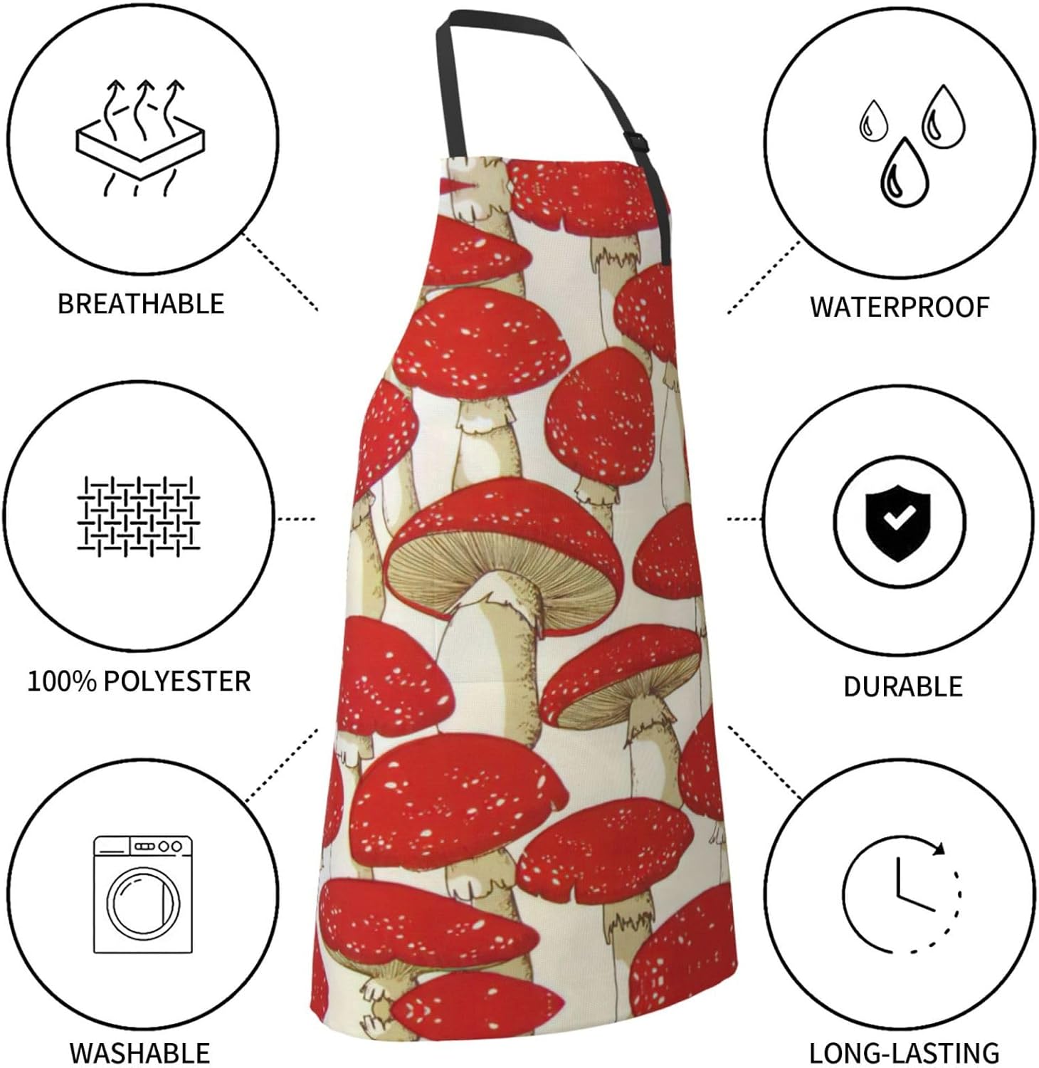 Red White Mushroom Print Laundry apron 28x33 In Waterproof Kitchen Apr