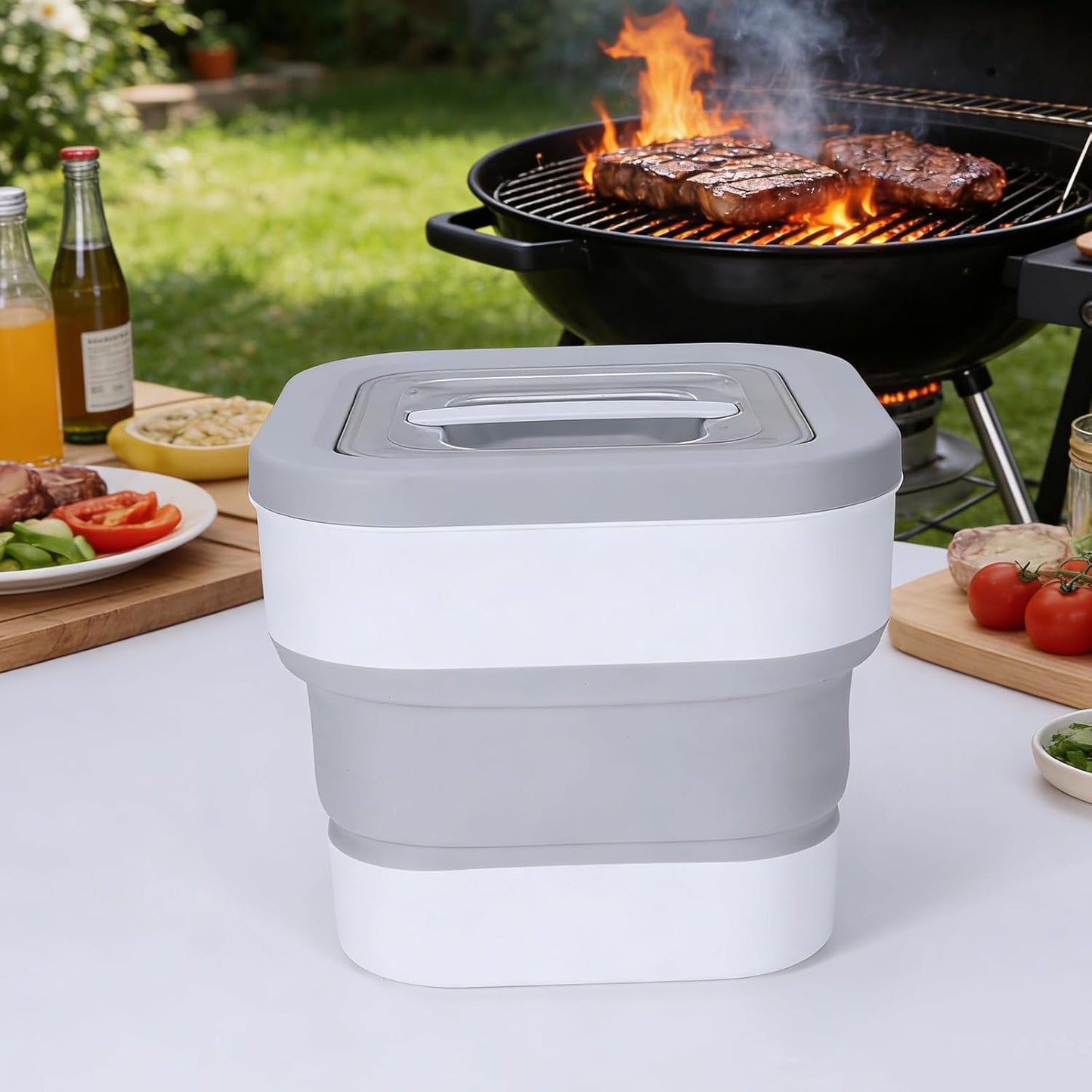 Wood Pellet Storage Container with Scoop, Waterproof Foldable Storage Bin for Charcoal Grill Smoker, Plastic Collapsible Pellet Bucket Kit Gray/White