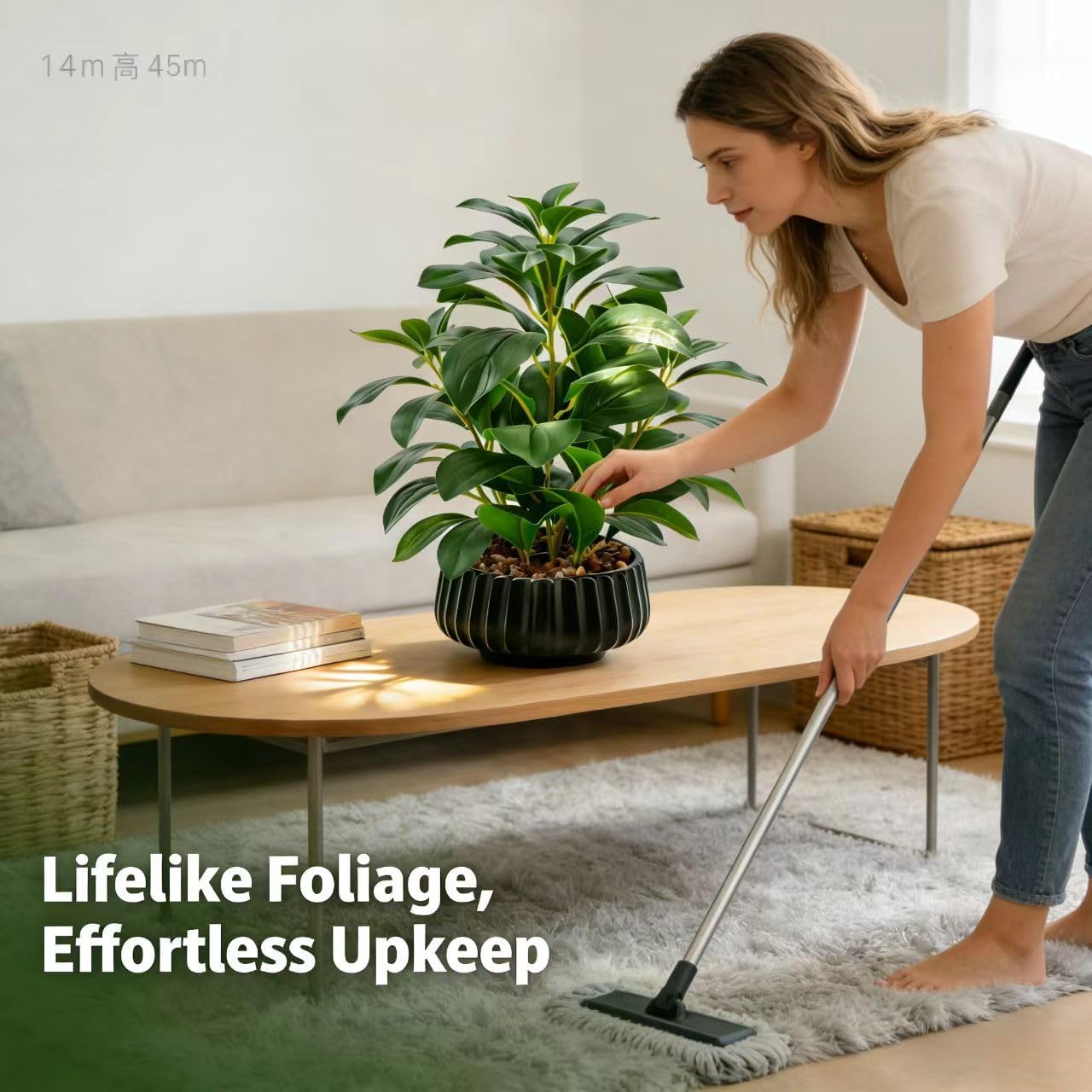 16" Artificial Peperomia Potted Plant in Black Ribbed Ceramic Planter Realistic Faux Green Leaves Tabletop Branches for Indoor Home Office Living Room Shelf Desk Decor