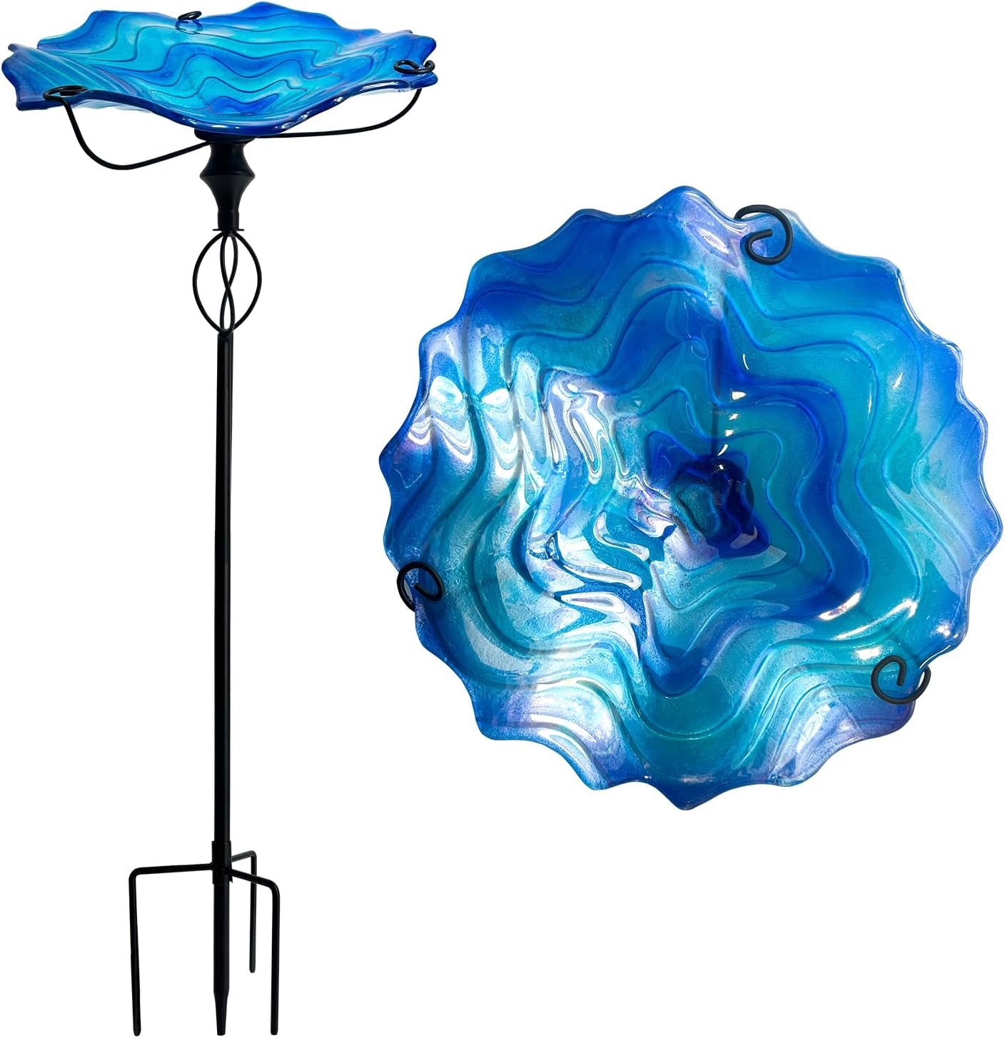 HONGLAND Bird Baths for Outside,11" Small Blue Glass Birdbaths Outdoor