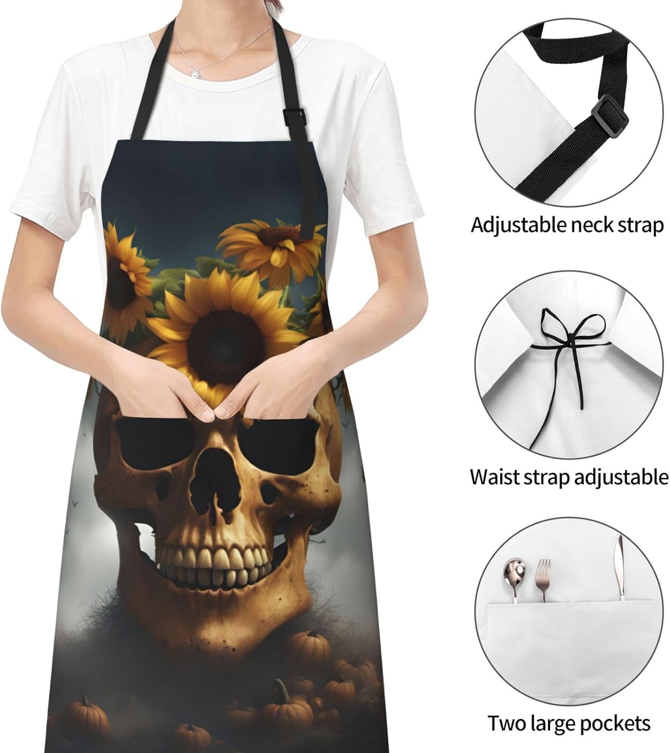 Sunflower Halloween Skull print Waterproof chef's apron with pocket apron for kitchen cooking baking barbecue and gardening