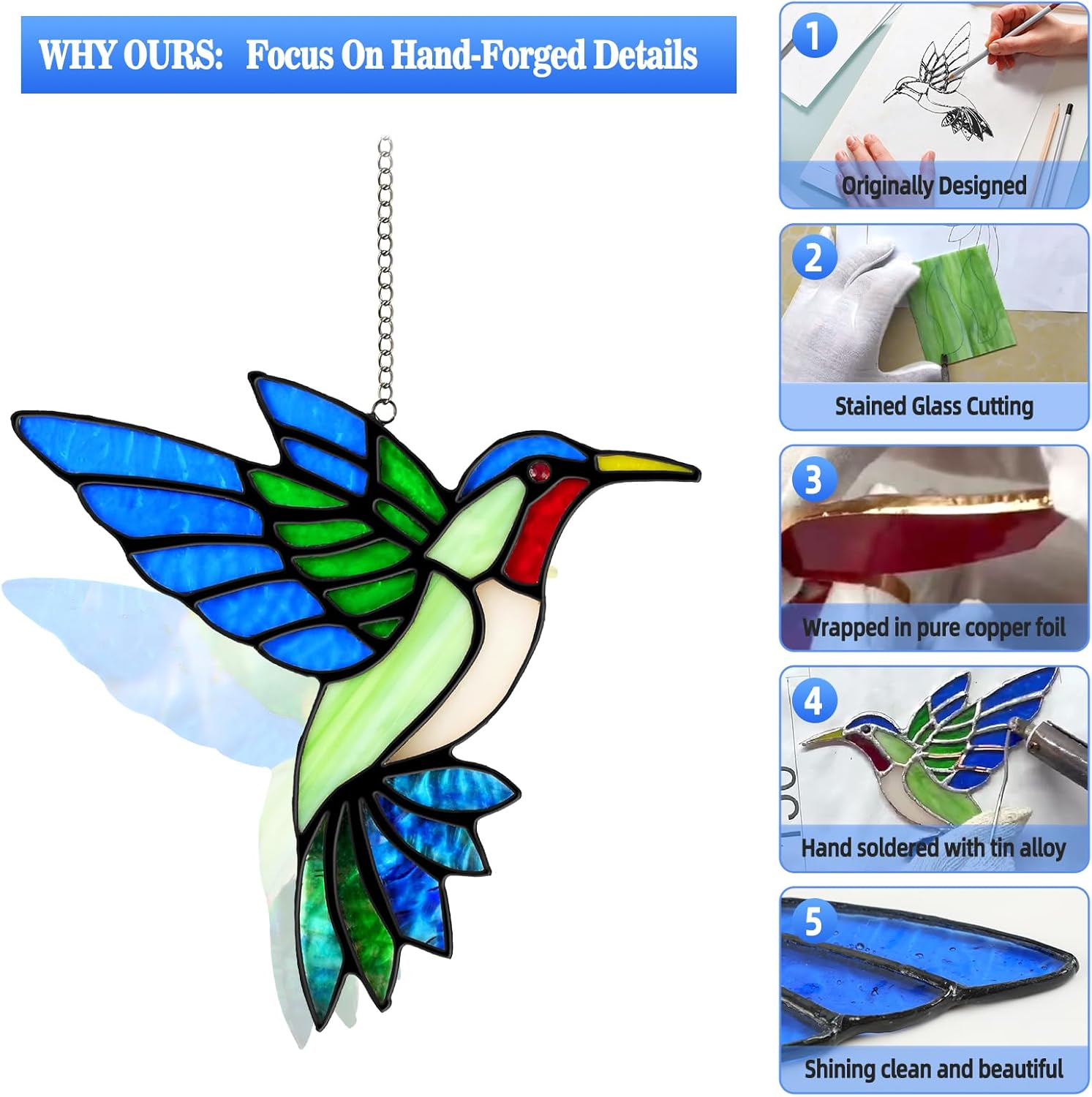 2 Packs Hummingbird Stained Glass Window Hanging Suncatchers - 6 Inch 