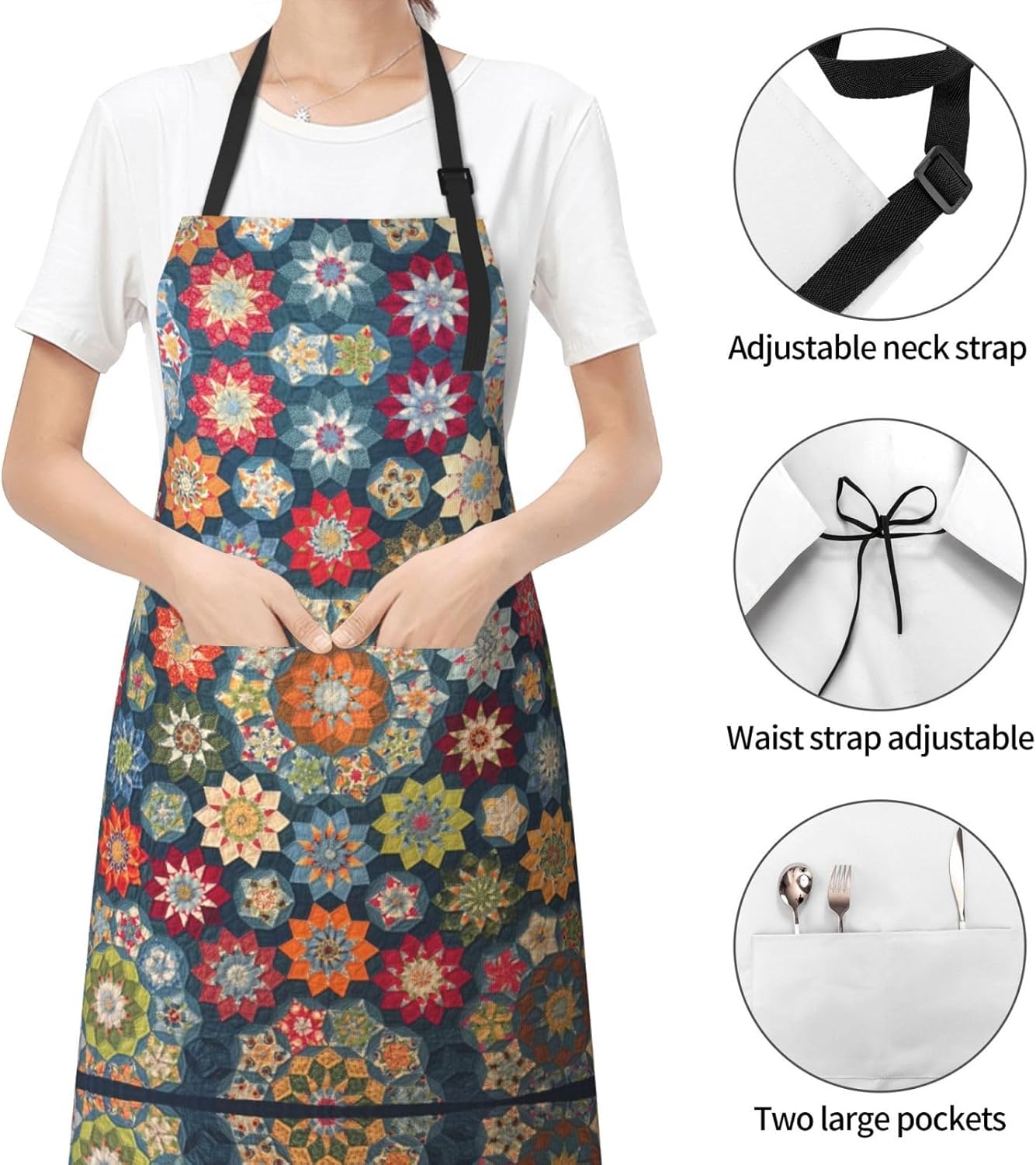 Bohemian Flower Print 28x33 In Adult Kitchen Apron with Pockets Versatile Chef Smock for Cooking Baking
