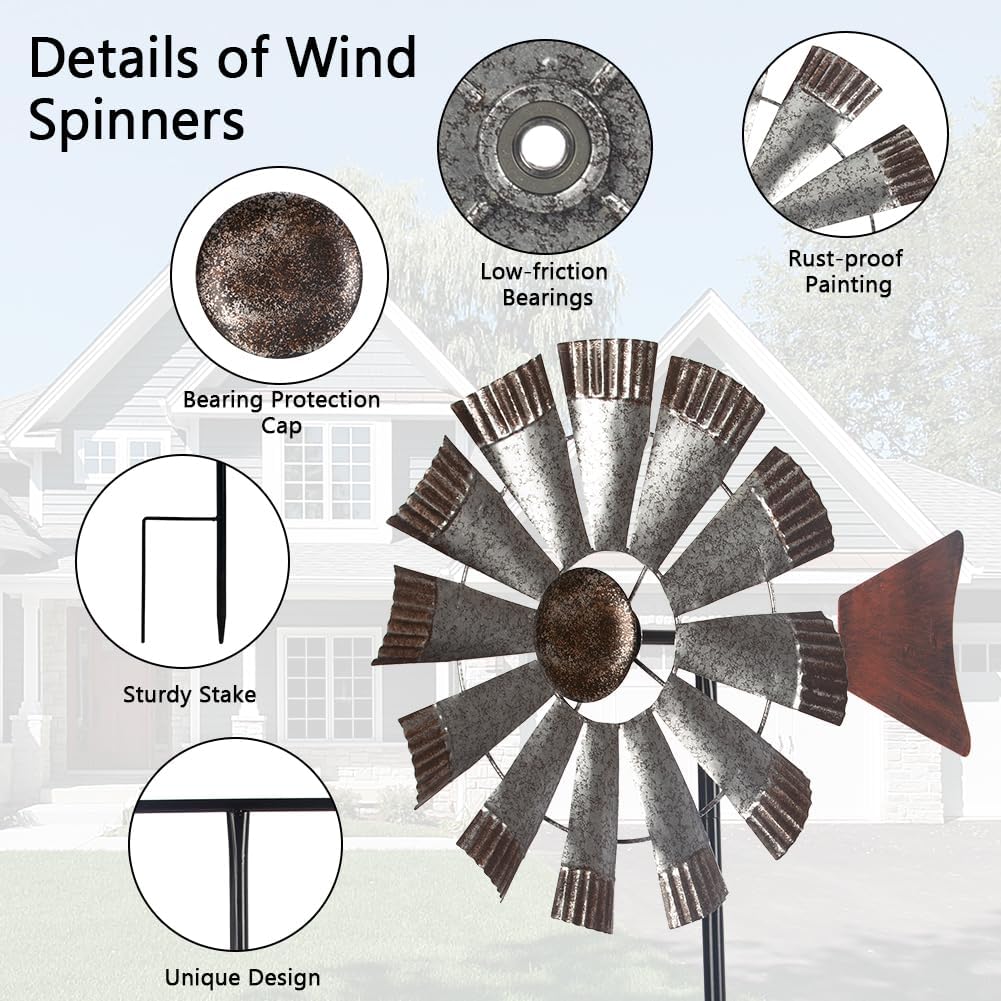 Wind Spinners Outdoor，Metal Vintage Style Single Sided Silver Windmill