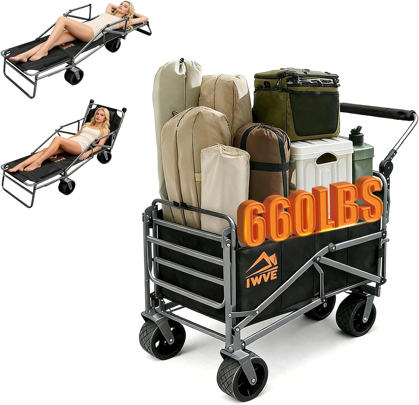 Heavy Duty Folding Wagon Cart 660 lb Capacity, 3-in-1 Collapsible Utility Wagon with Adjustable Handle and All-Terrain Wheels for Camping, Beach, Grocery, Outdoor Use