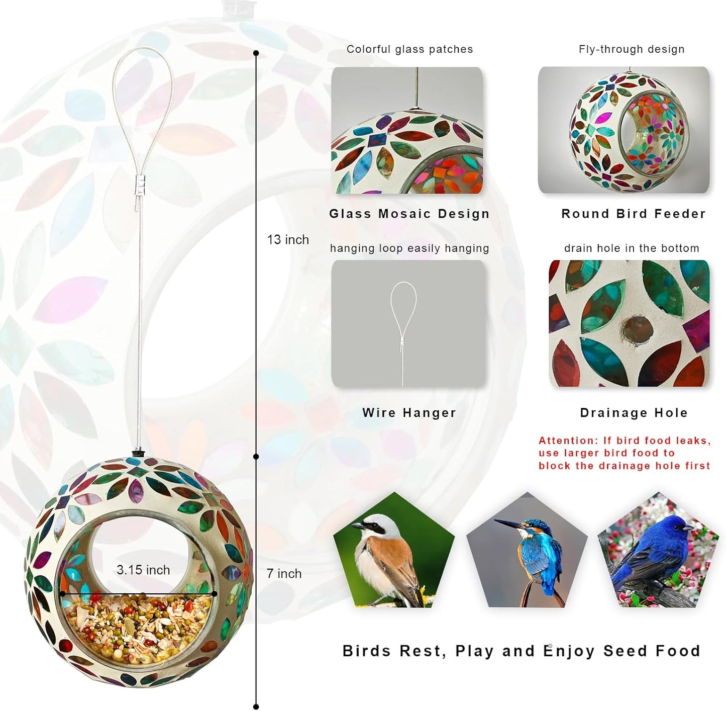 Mosaic Bird Feeder, Outside Hanging with Round Shape Glass BirdFeeders