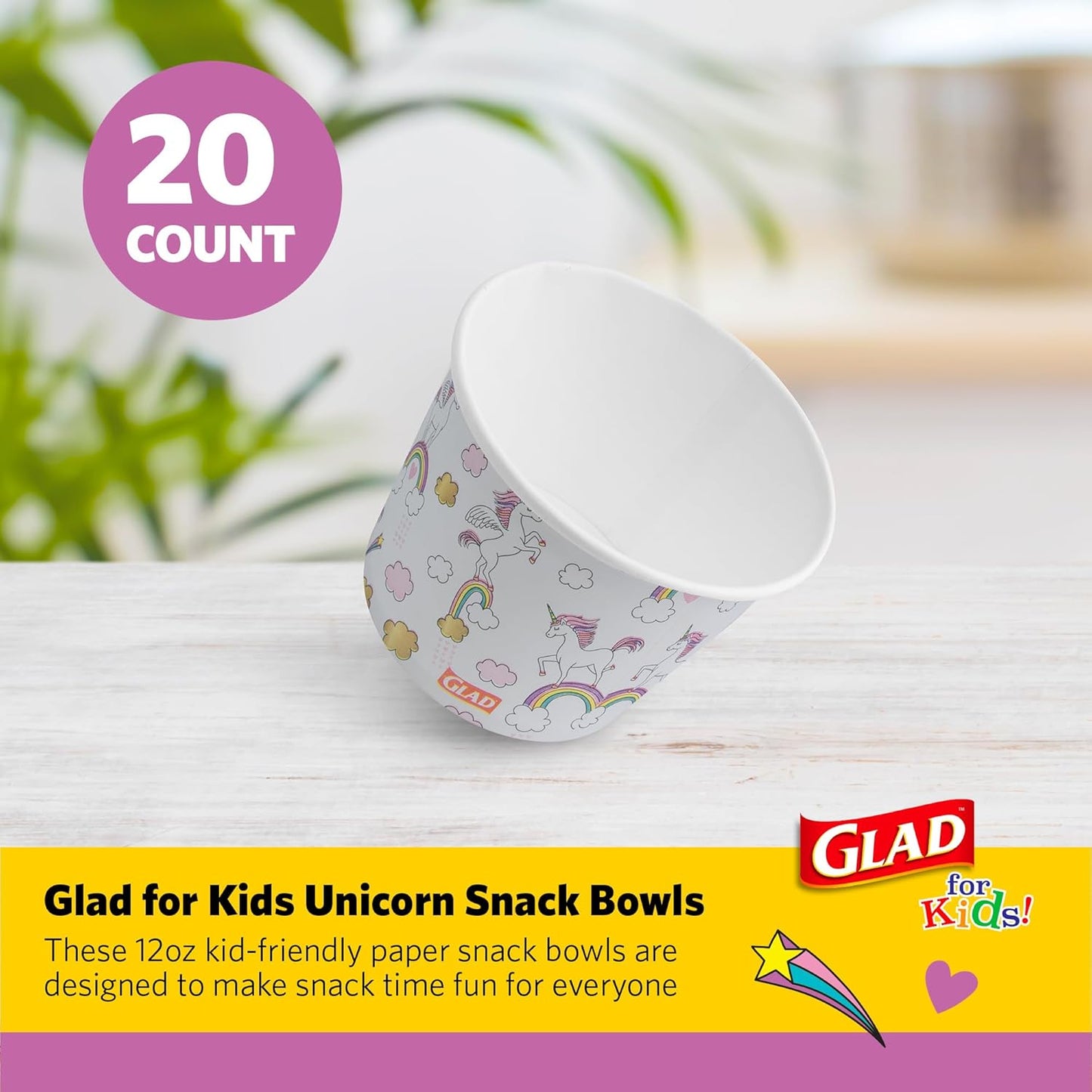 Glad for Kids Unicorns Paper Snack Bowls, Disposable Paper Bowls for Kids Snacks and Parties, Sturdy Microwave Safe Bowls for Everyday Use and Easy Cleanup, 12 Oz, 20 Count