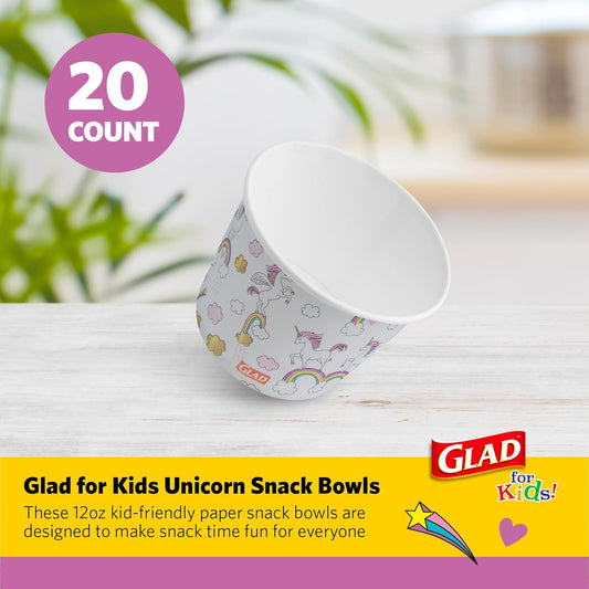 Glad for Kids Unicorns Paper Snack Bowls, Disposable Paper Bowls for Kids Snacks and Parties, Sturdy Microwave Safe Bowls for Everyday Use and Easy Cleanup, 12 Oz, 20 Count